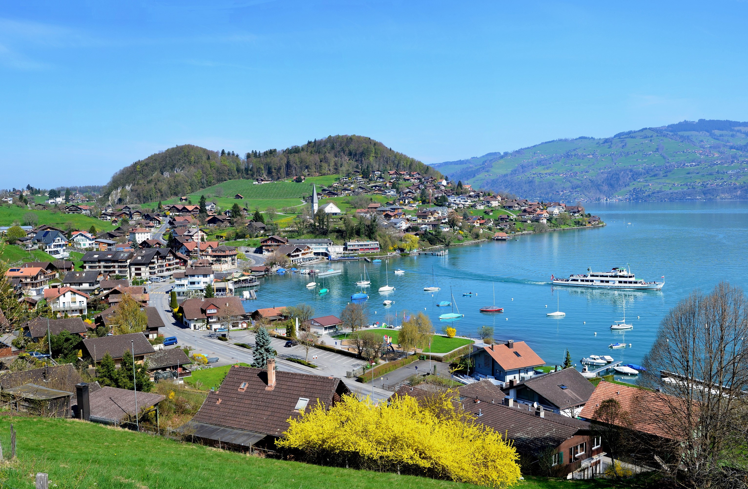 Village on the coast of Lake Thun, Switzerland HD Wallpaper