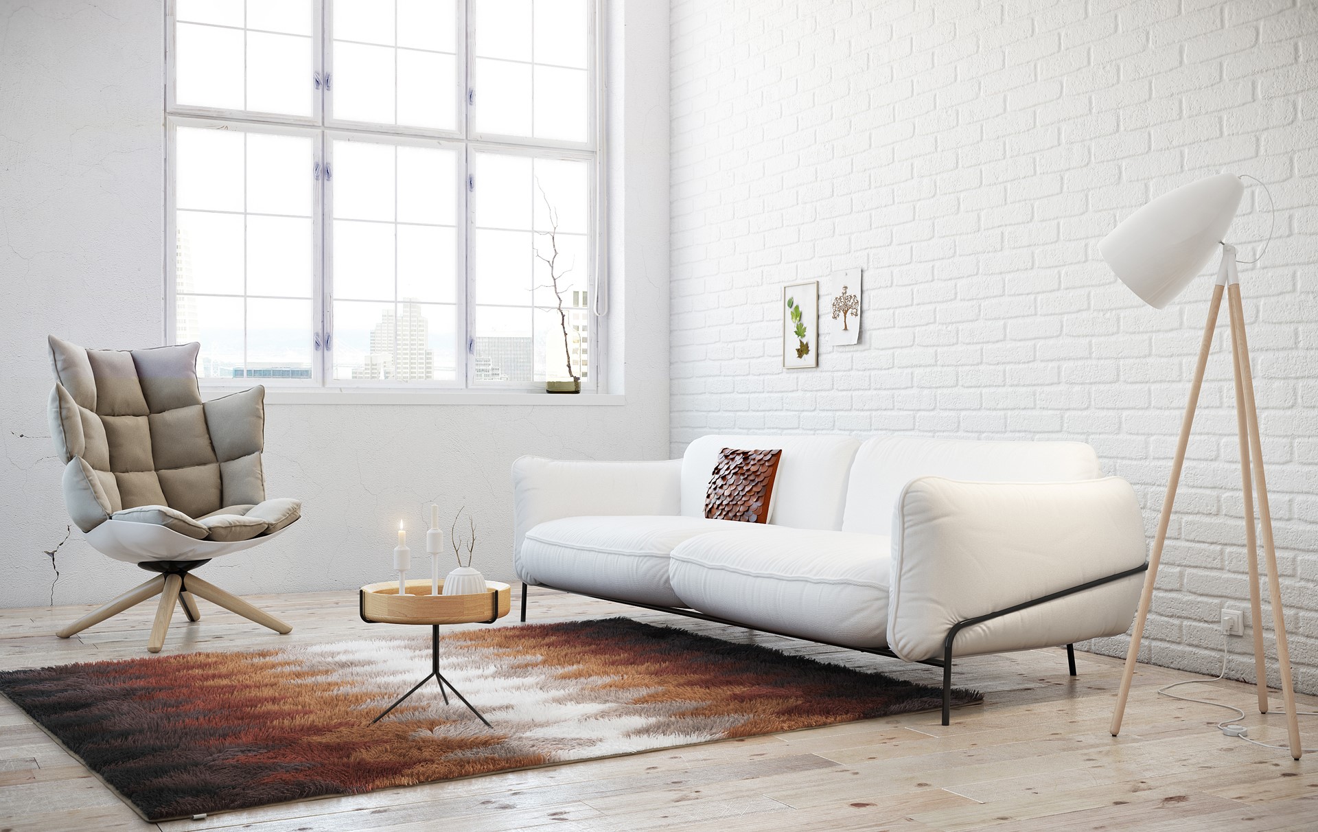 Modern living room with white sofa and armchair HD Wallpaper
