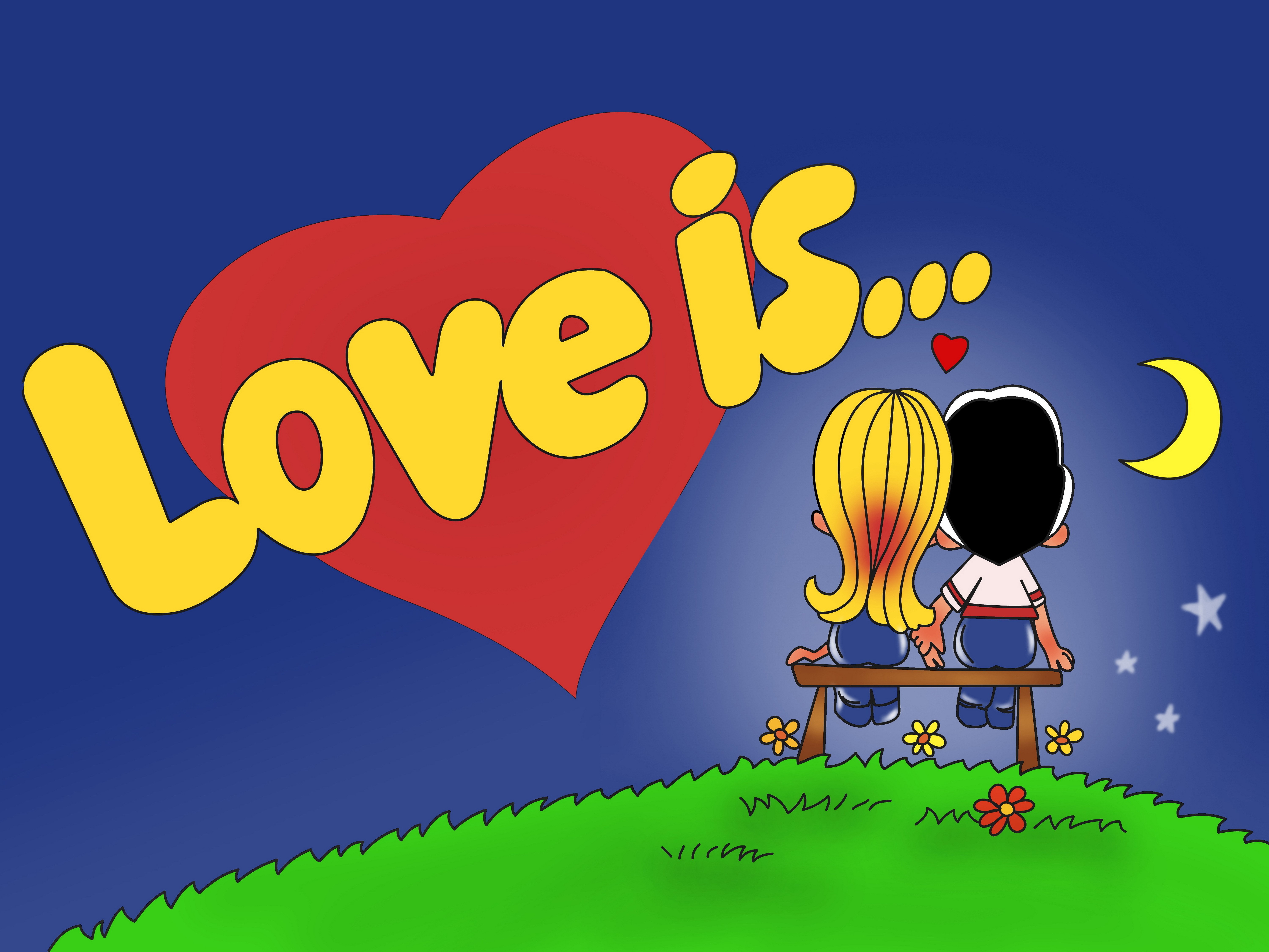 Love Is... cartoon couple on bench at night HD Wallpaper