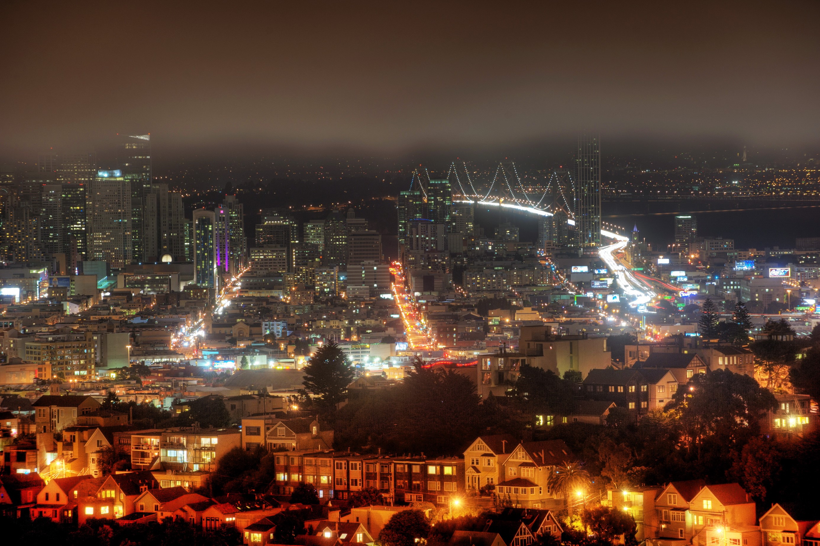 San Francisco Skyline and Bay Bridge at Night HD Wallpaper