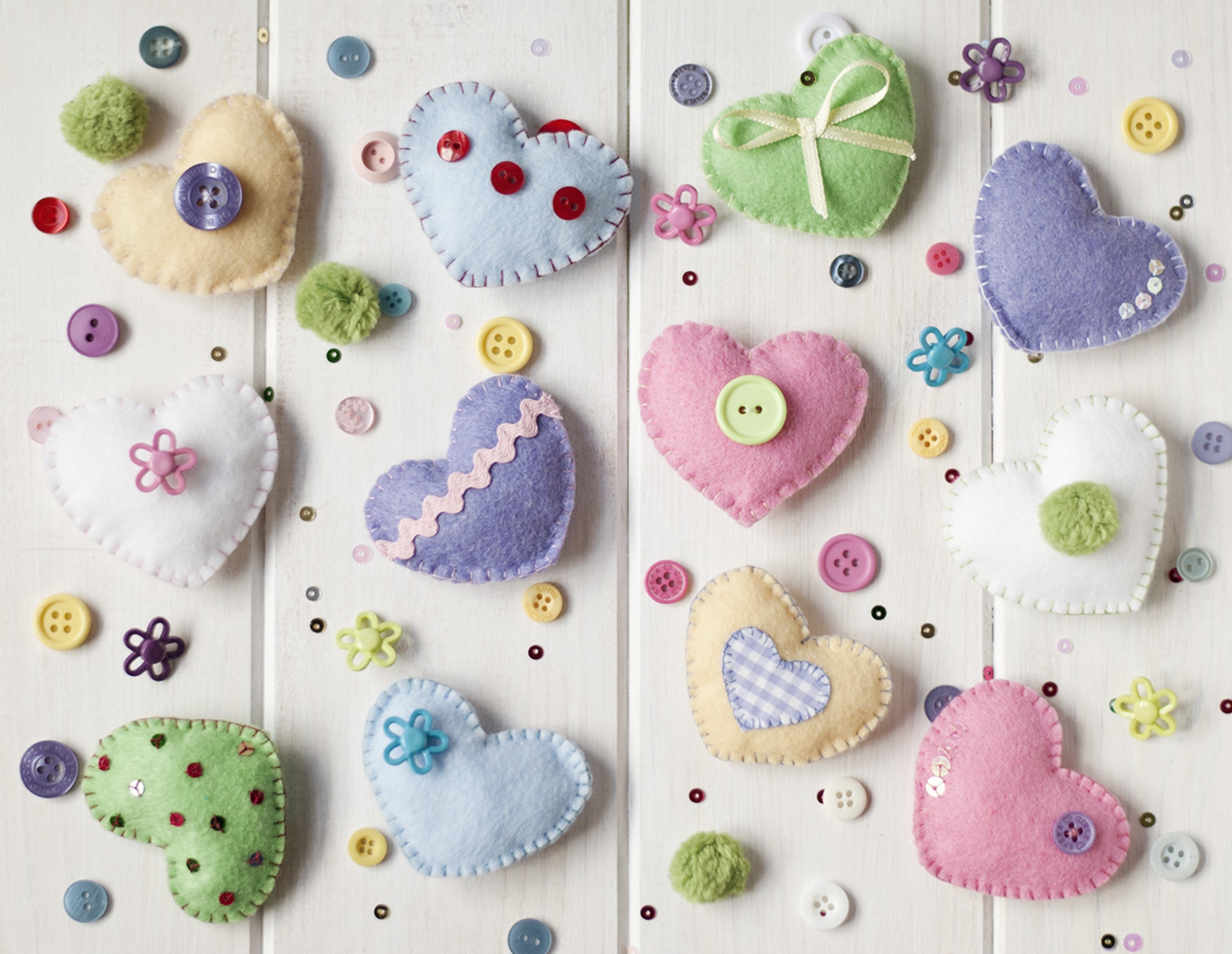 Felt Hearts with Buttons and Pom-Poms HD Wallpaper