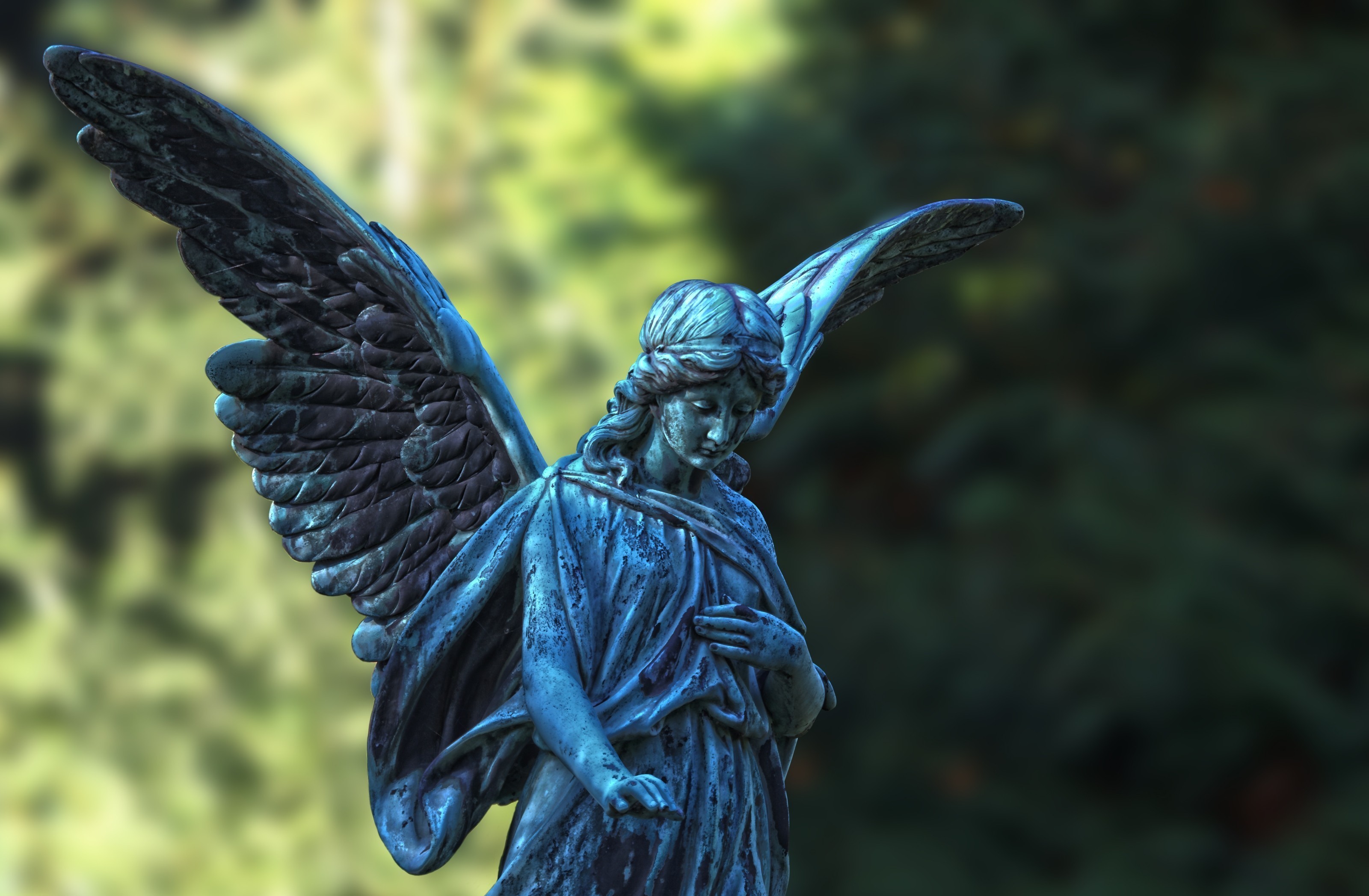 A weathered angel statue with wings outstretched HD Wallpaper