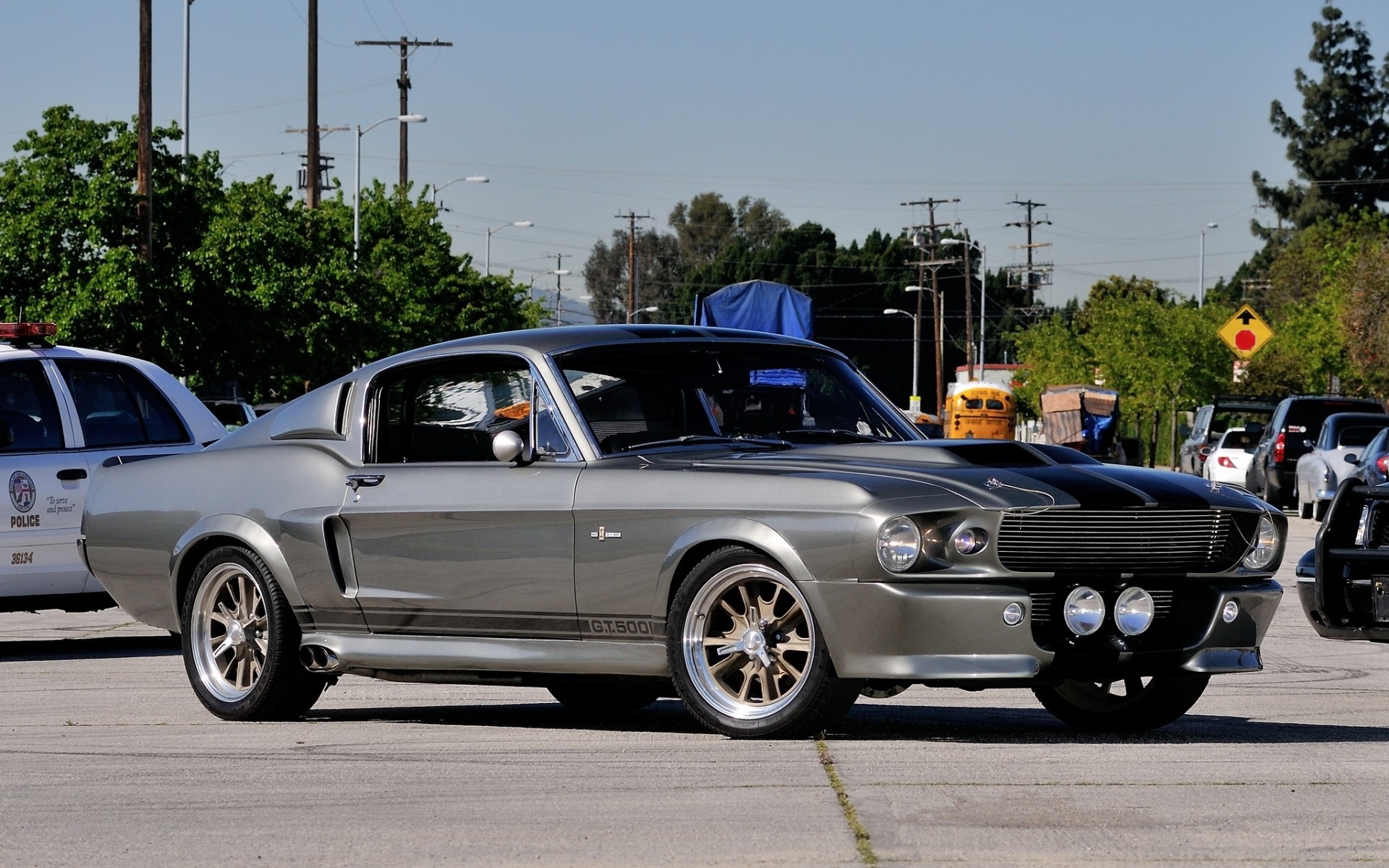 Grey Ford Mustang GT500 parked next to a police car HD Wallpaper