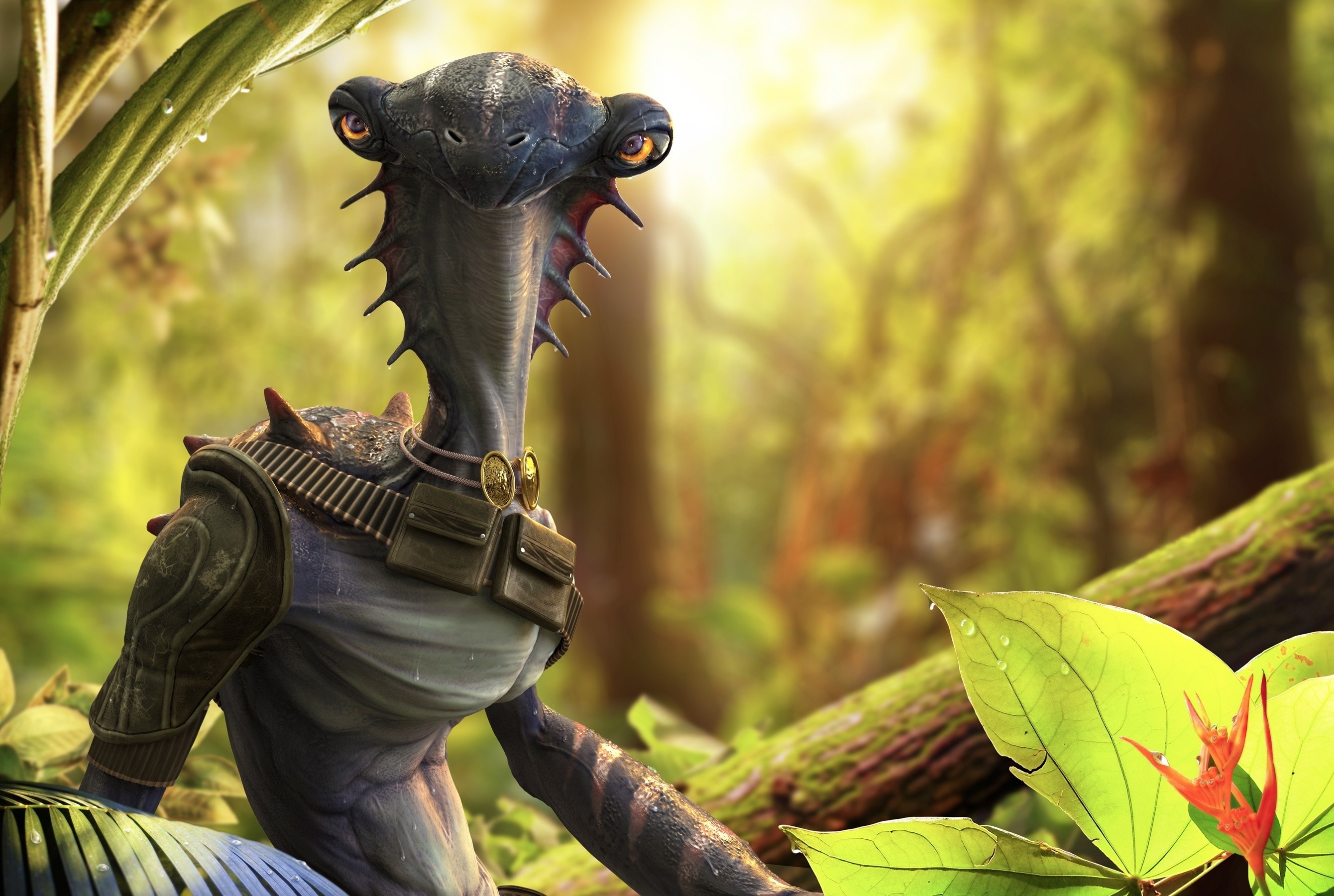 Alien creature in a jungle setting HD Wallpaper