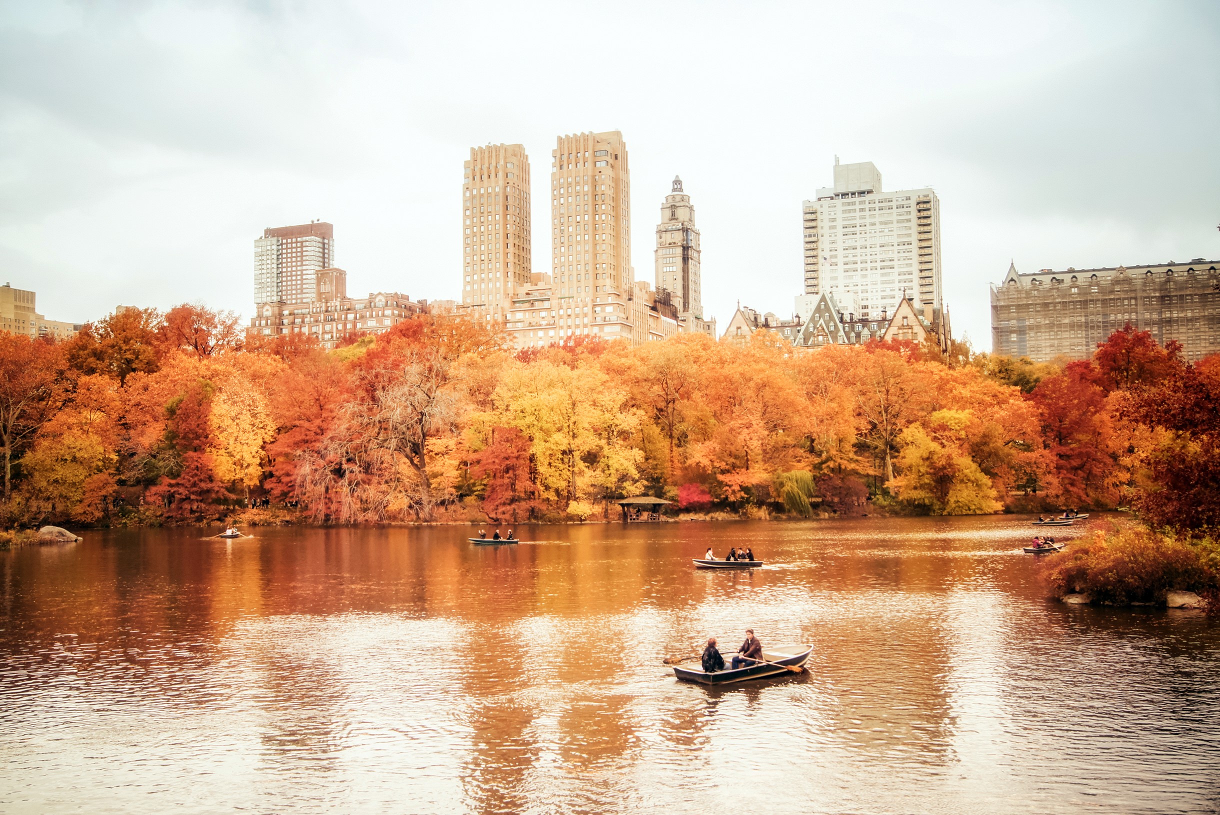 Boats on a pond in Central Park, New York City during autumn HD Wallpaper