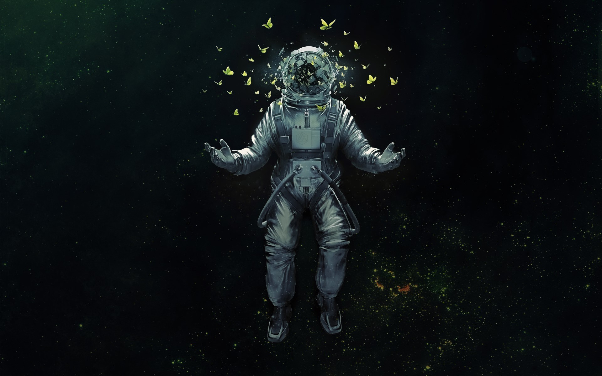 Astronaut surrounded by butterflies in space HD Wallpaper