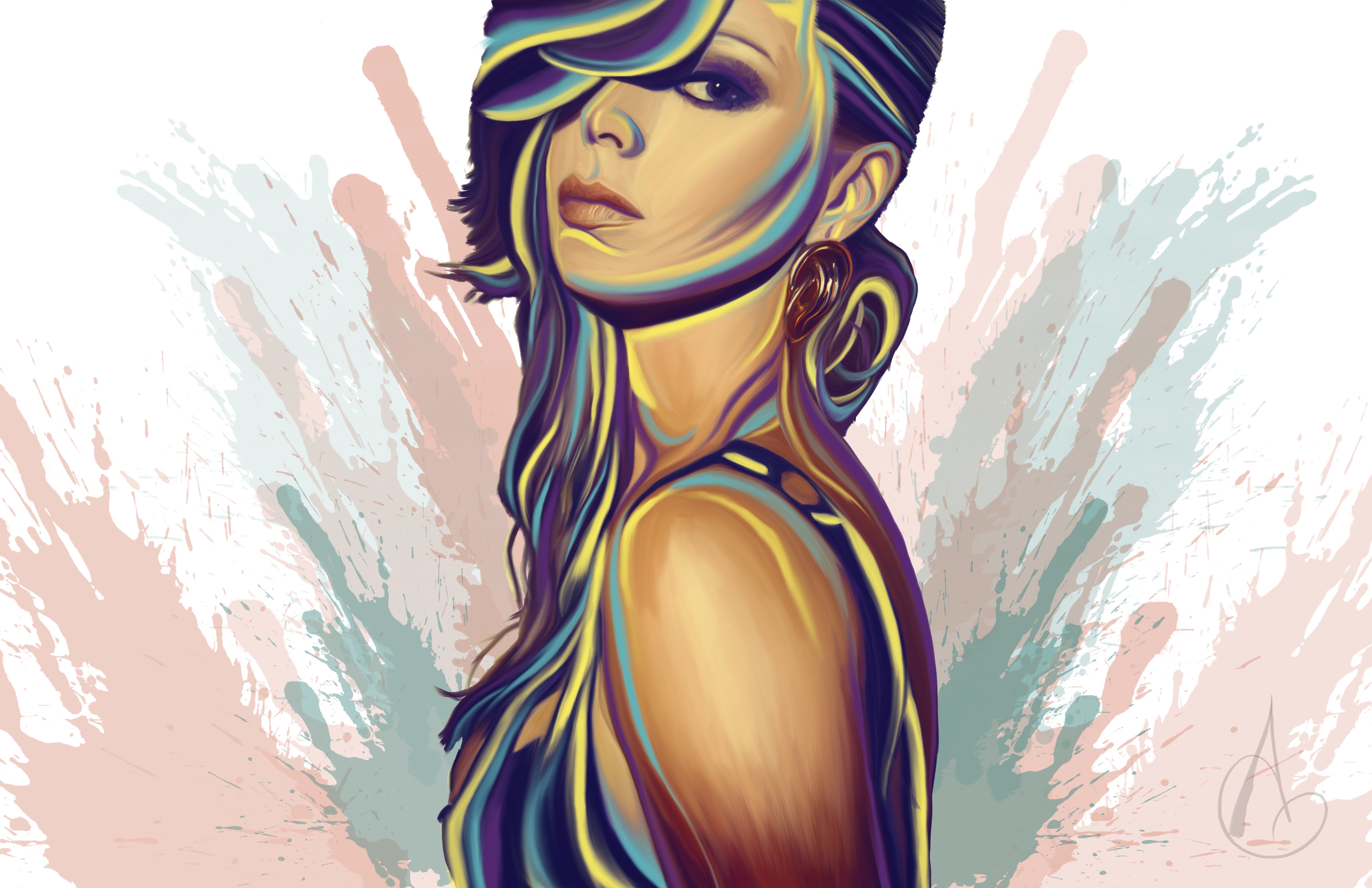 Woman with colorful abstract streaks HD Wallpaper