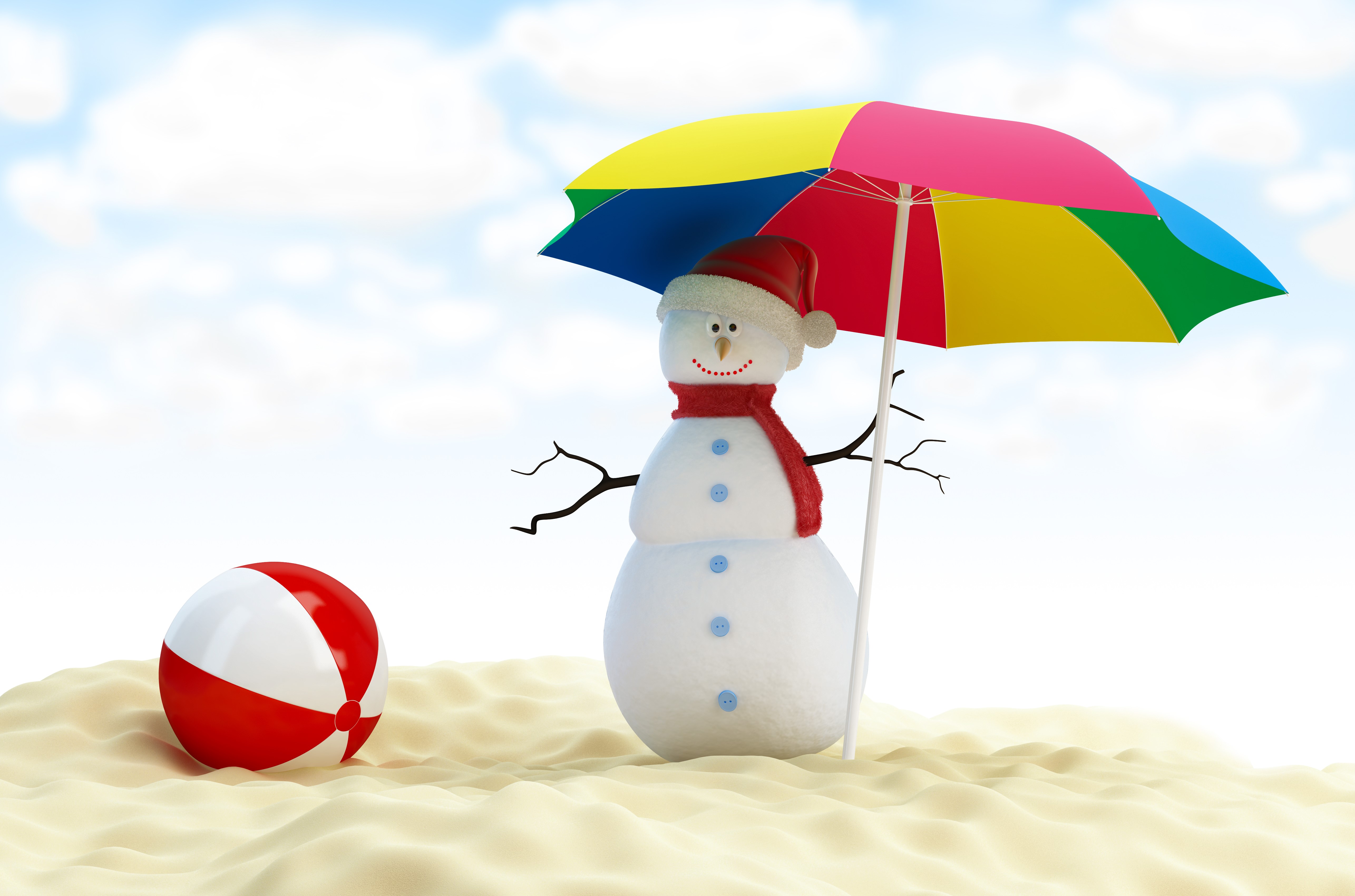 Snowman with umbrella and beach ball on sand HD Wallpaper