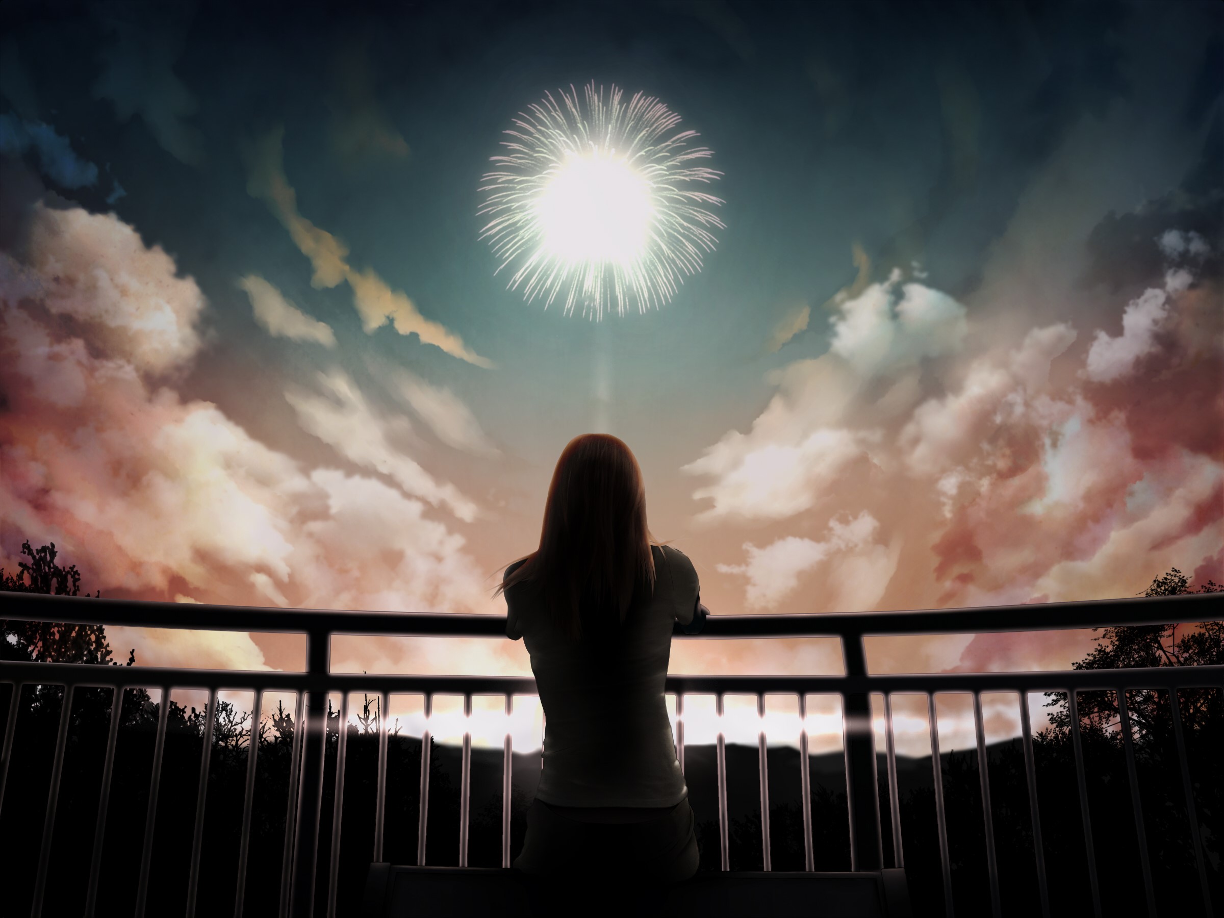 Girl watching fireworks from a balcony HD Wallpaper