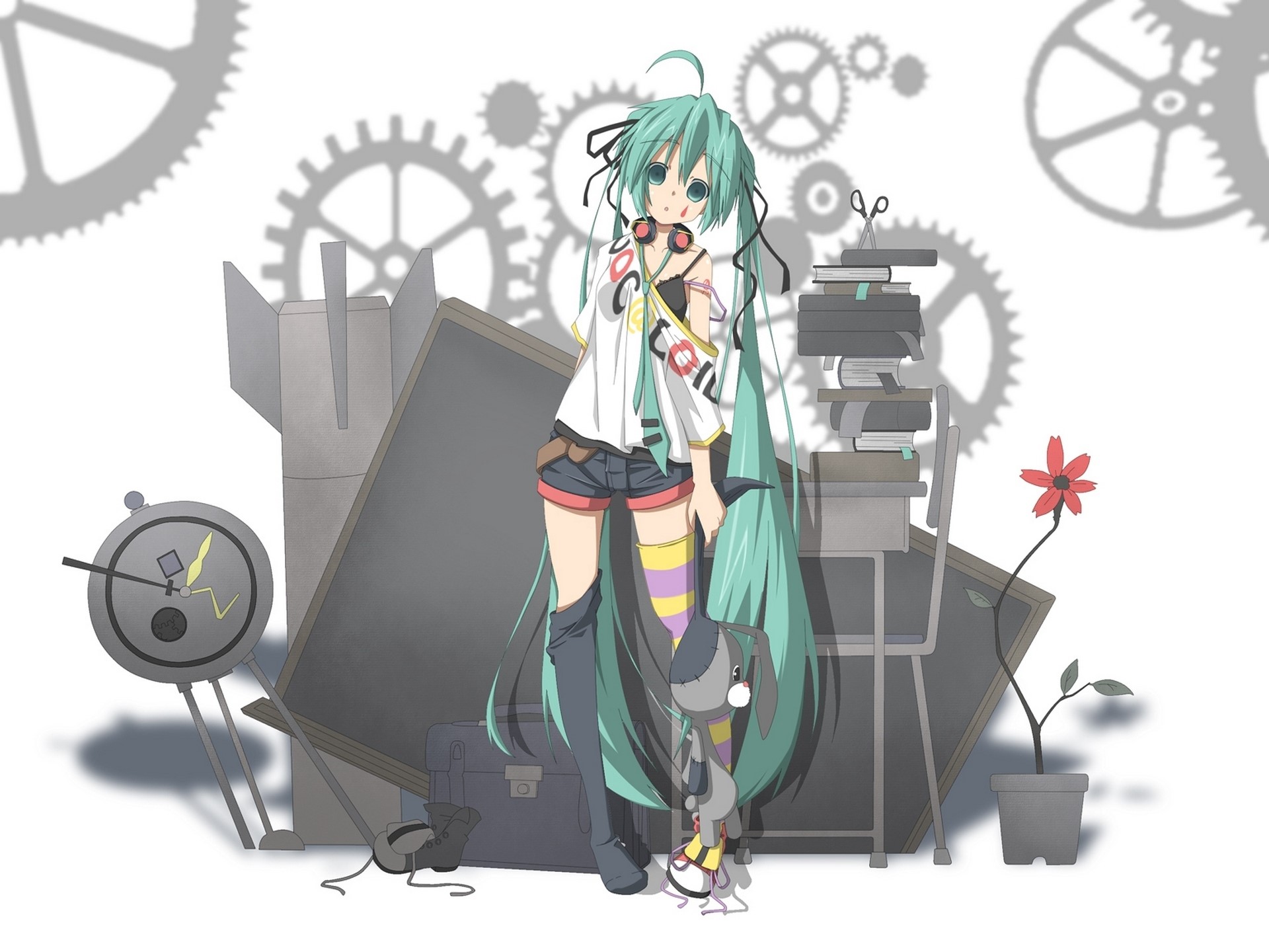 Hatsune Miku with gears and books HD Wallpaper