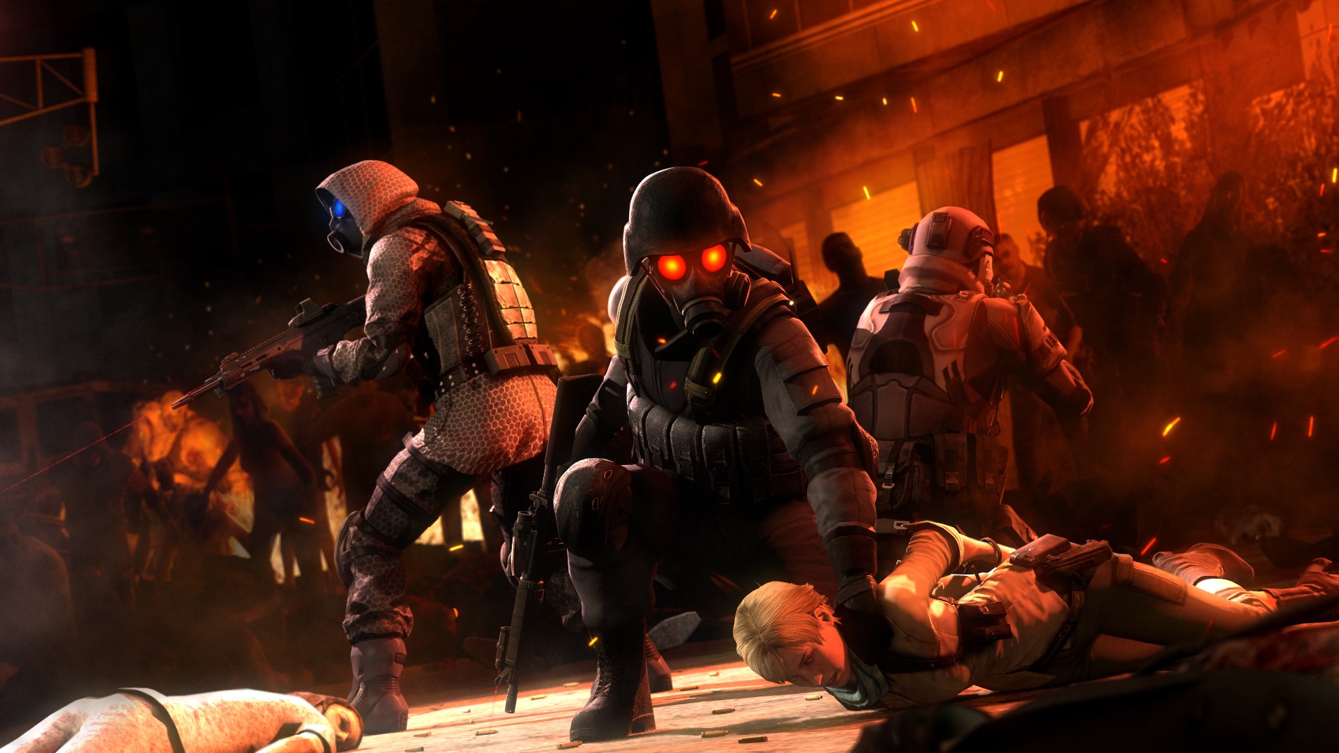 Soldiers in a burning city with zombies HD Wallpaper