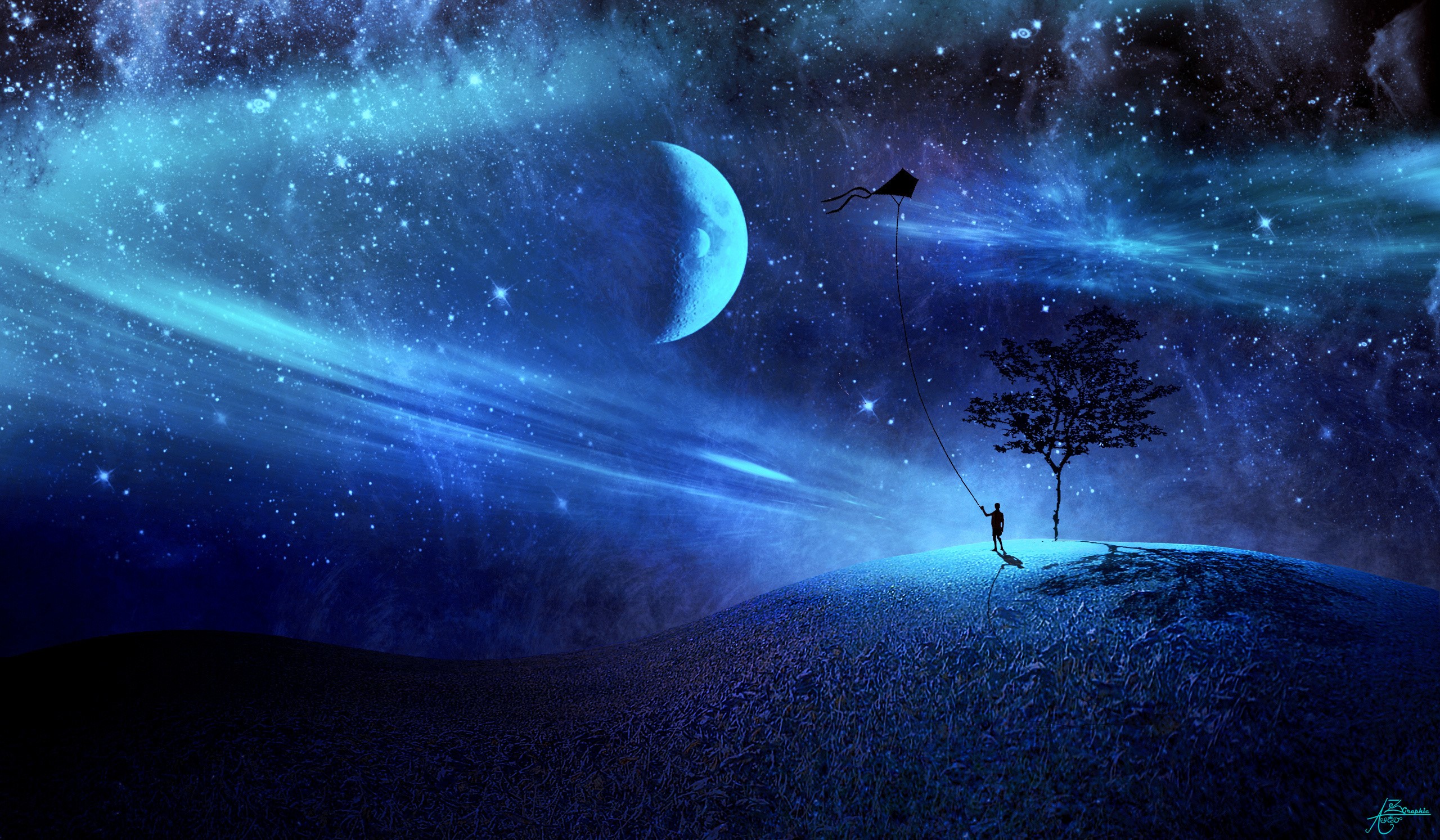 Person flying a kite under a large moon and starry sky HD Wallpaper