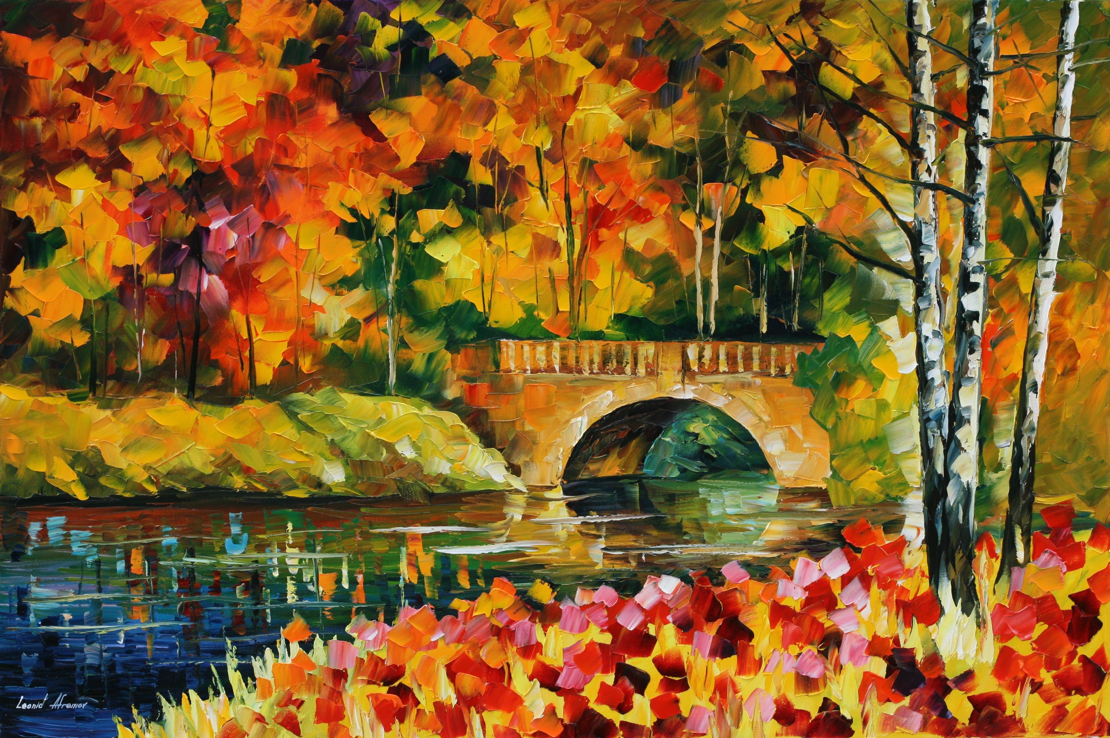 Autumn bridge over water by Leonid Afremov HD Wallpaper