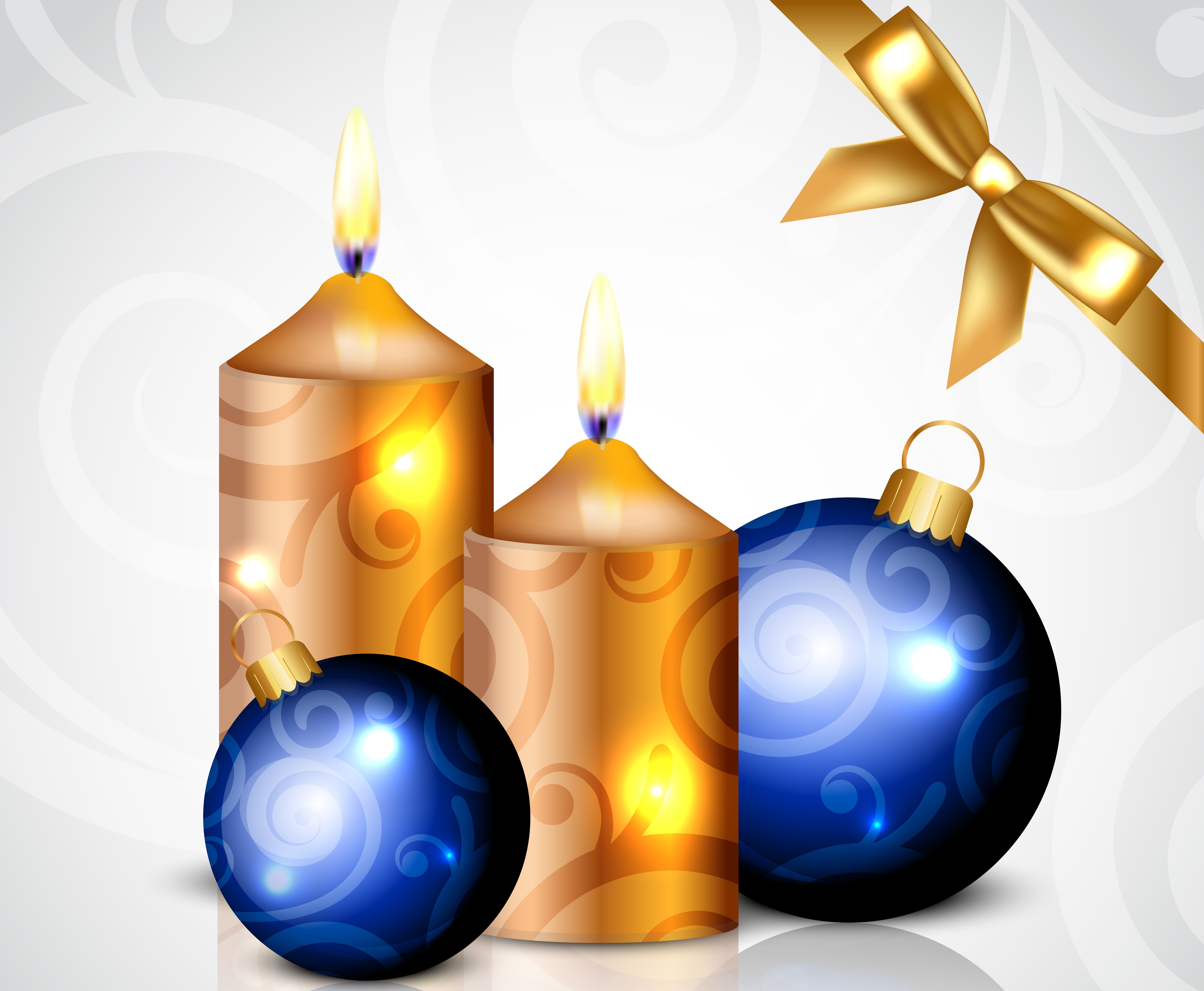 Christmas Candles and Ornaments with Gold Bow HD Wallpaper