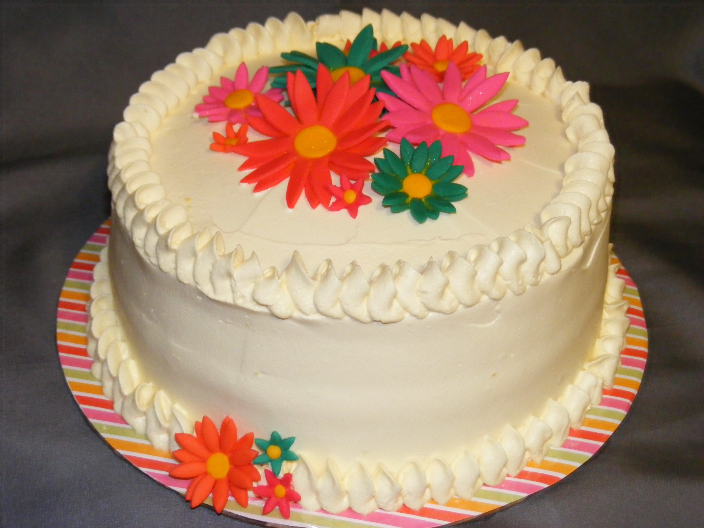 White frosted cake with colorful flower decorations HD Wallpaper