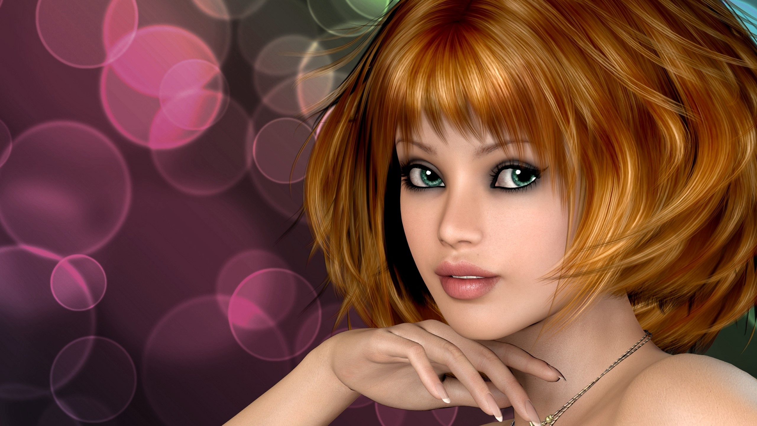 Digital art of a brown-haired woman with green eyes HD Wallpaper