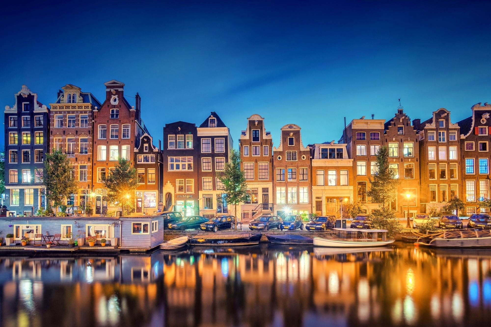 Amsterdam canal houses at night, Netherlands HD Wallpaper