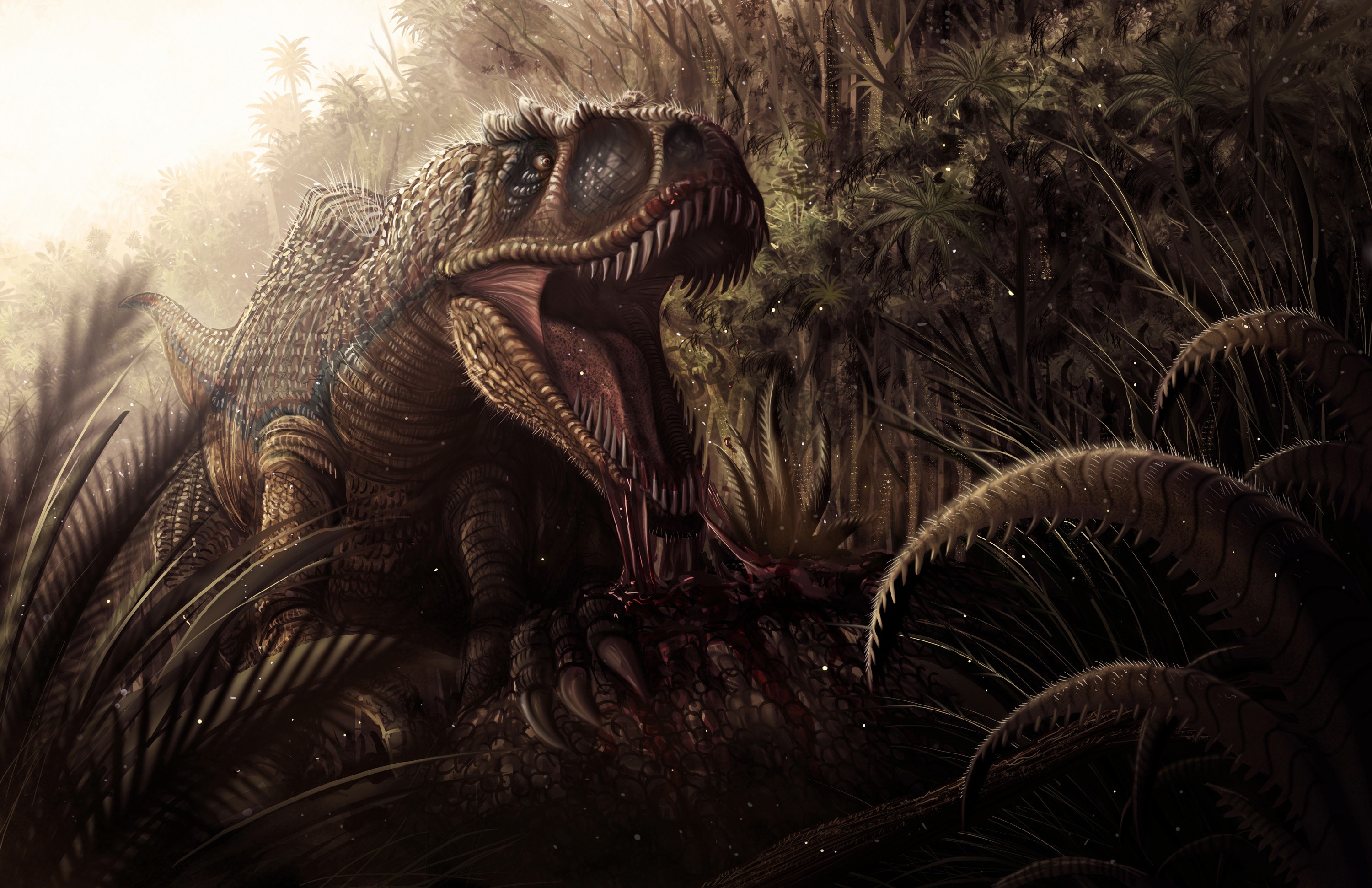 Tyrannosaurus Rex eating prey in a prehistoric jungle HD Wallpaper