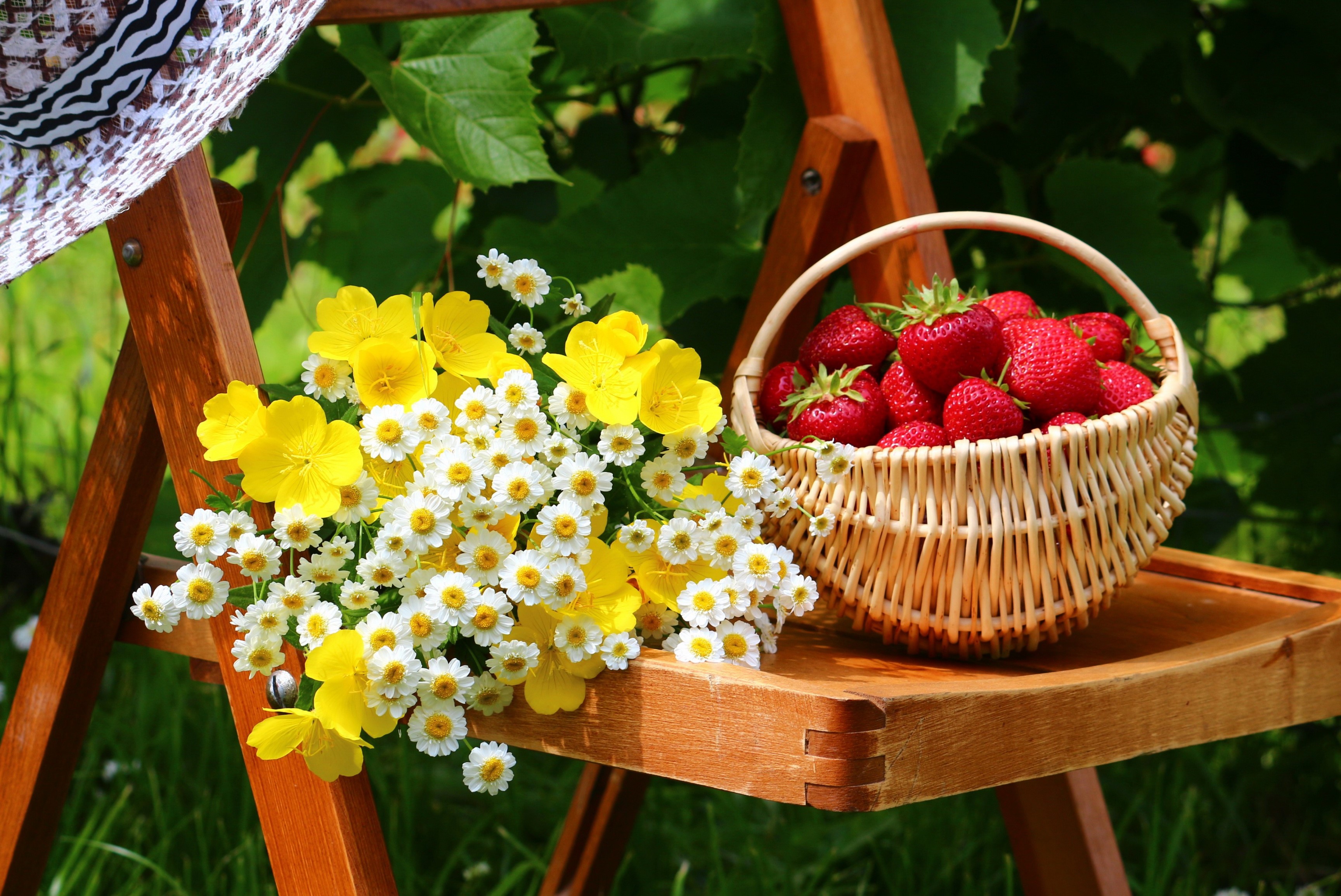 Strawberries in a basket with flowers on a chair HD Wallpaper