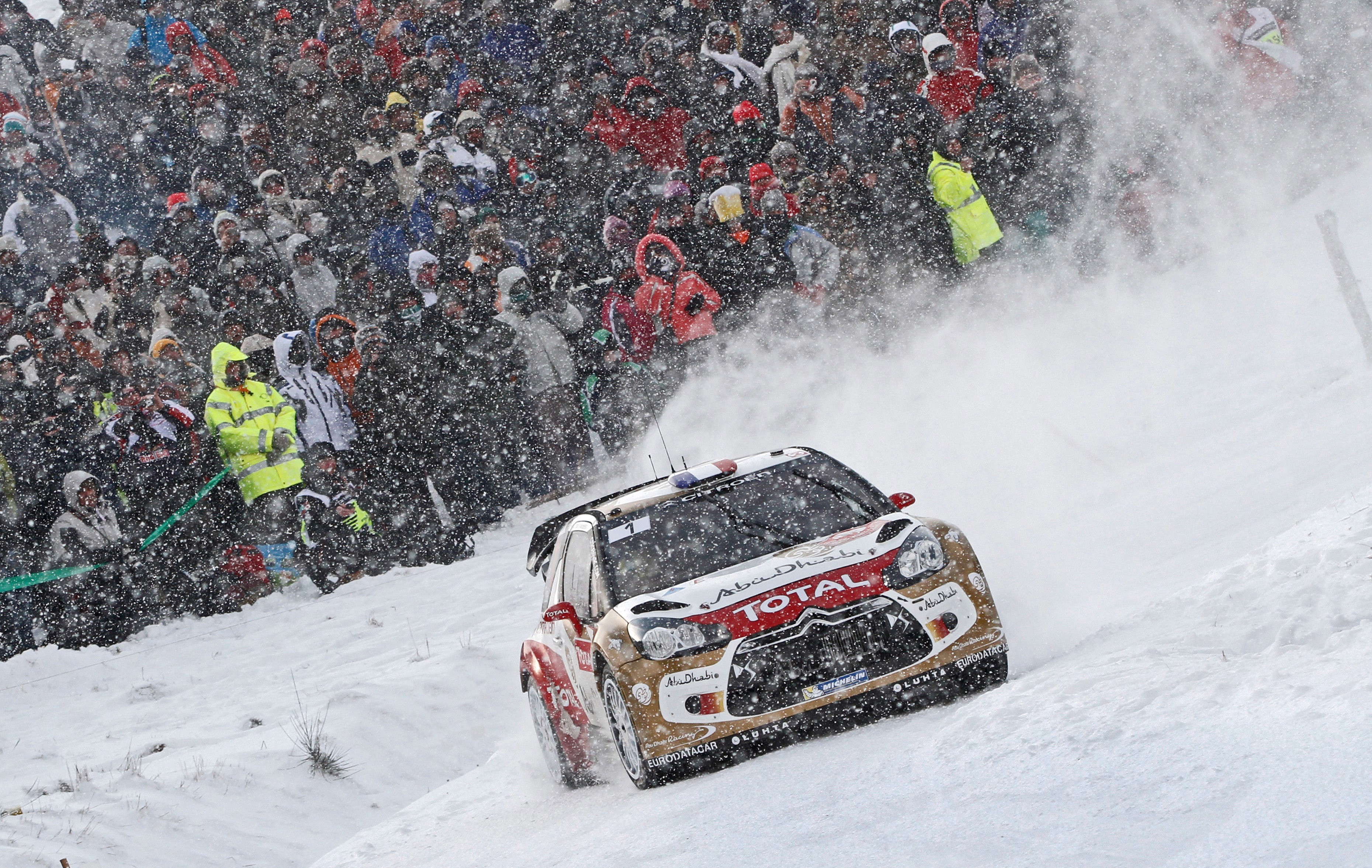 Citroen DS3 rally car in snow with spectators HD Wallpaper