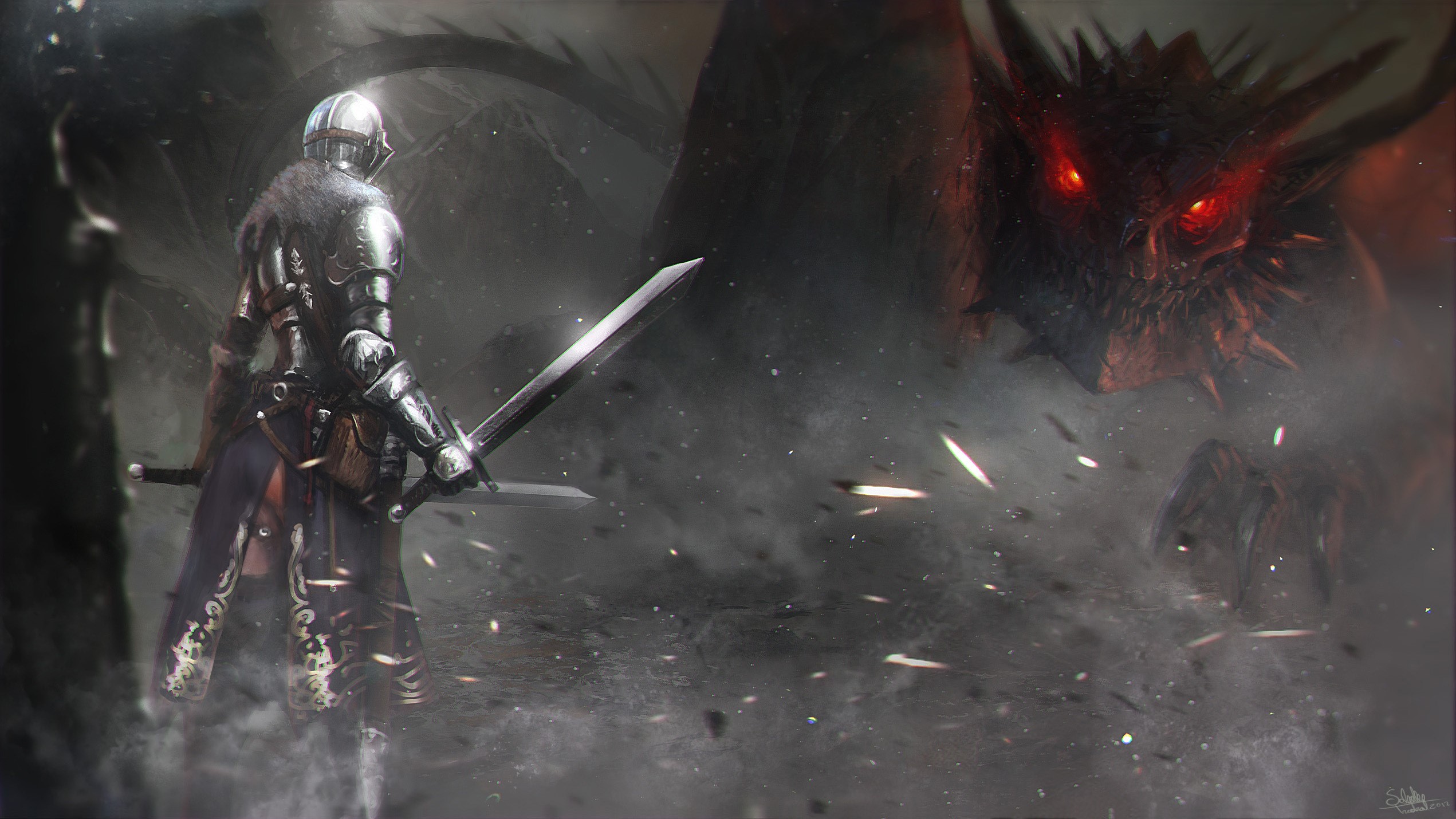 Knight facing a dragon HD Wallpaper