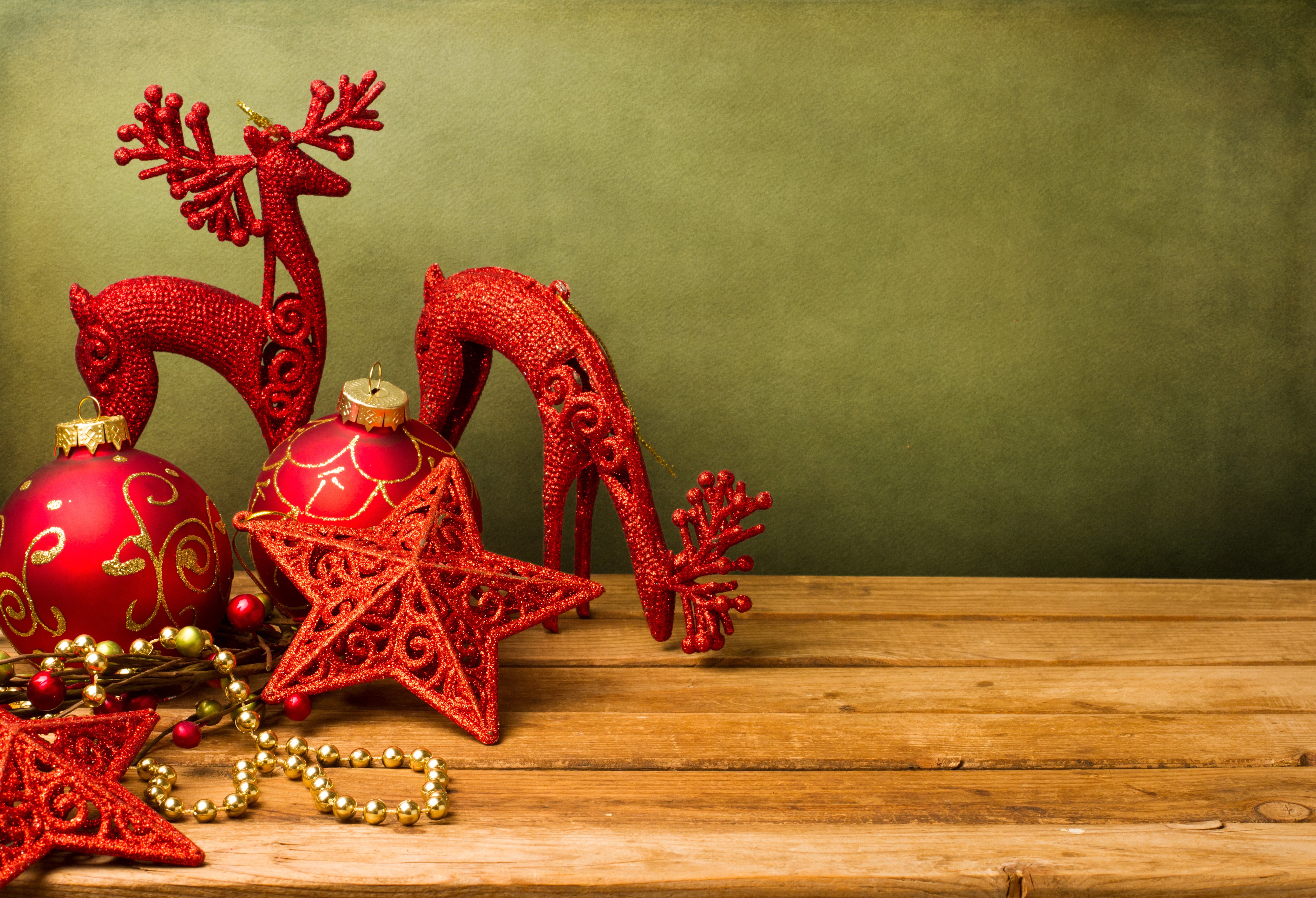 Christmas Decorations with Red Reindeer and Ornaments HD Wallpaper