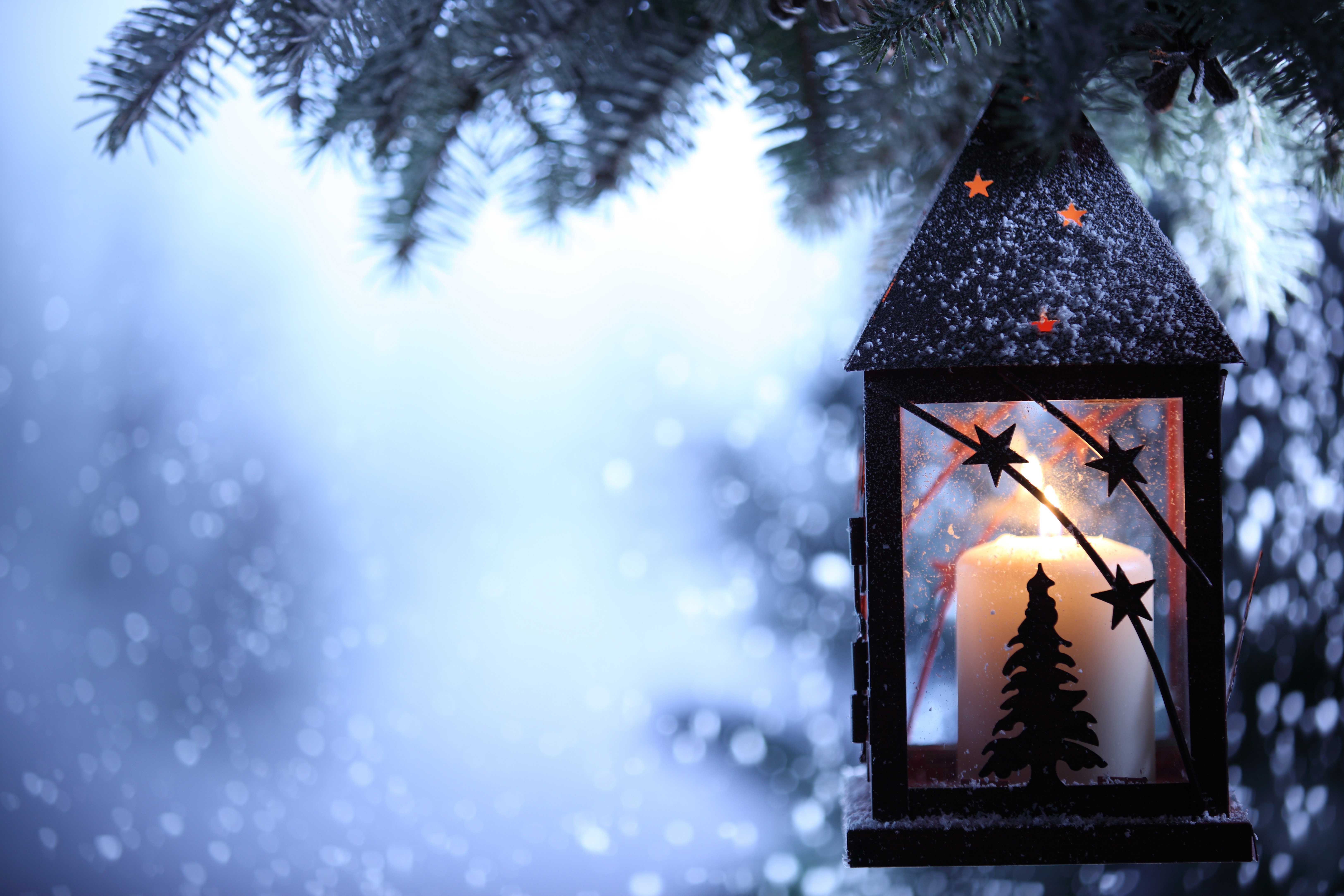 Christmas lantern with candle on a snowy branch HD Wallpaper