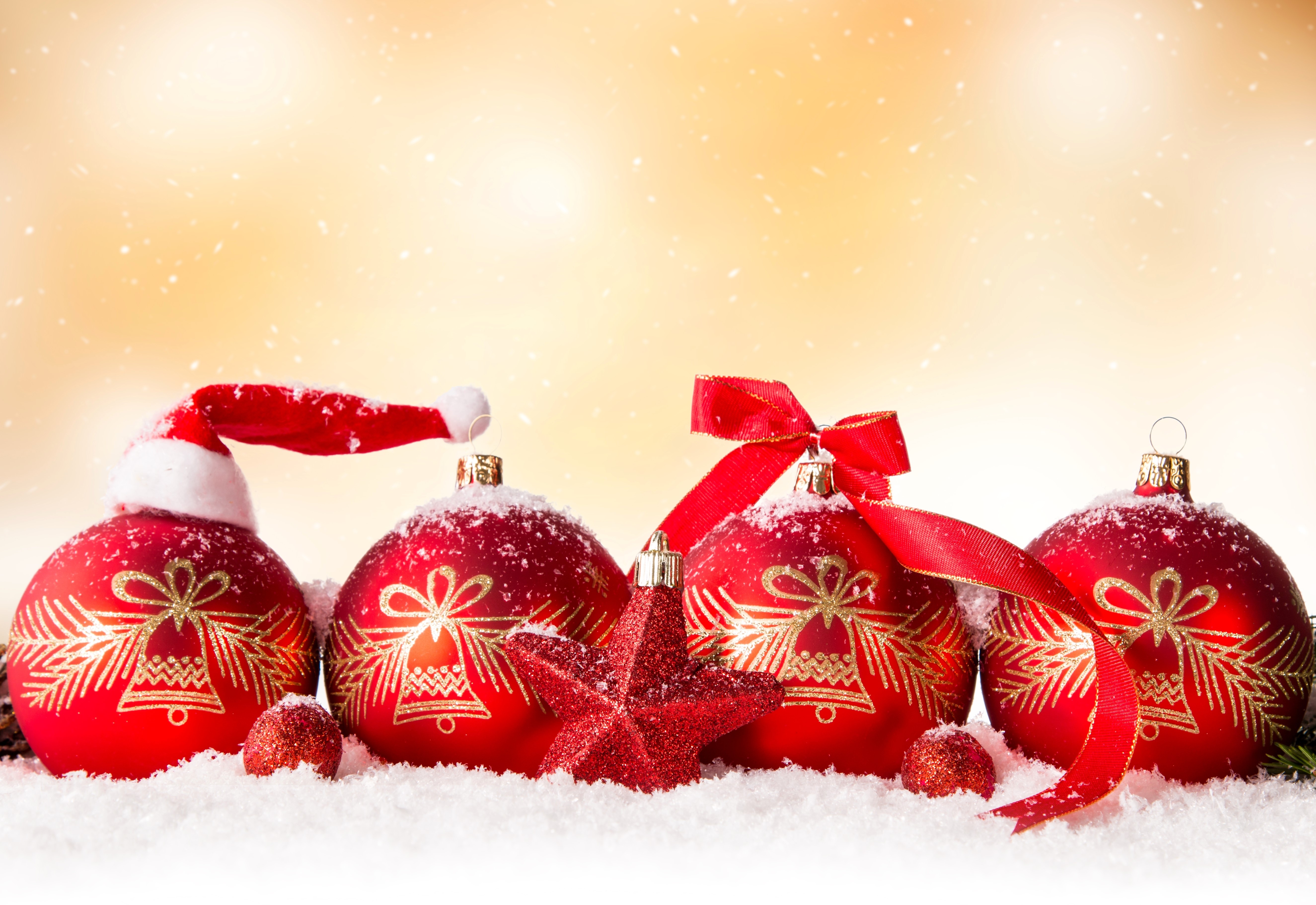 Christmas ornaments with Santa hat and ribbons HD Wallpaper
