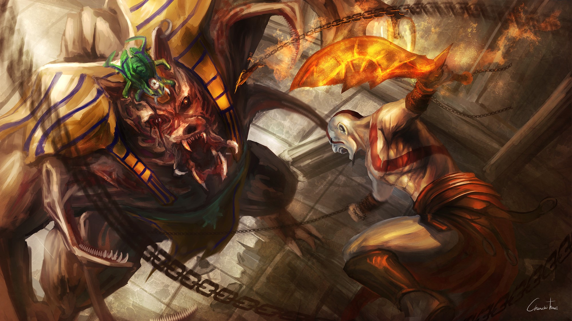 Kratos fighting a monster in God of War HD Wallpaper