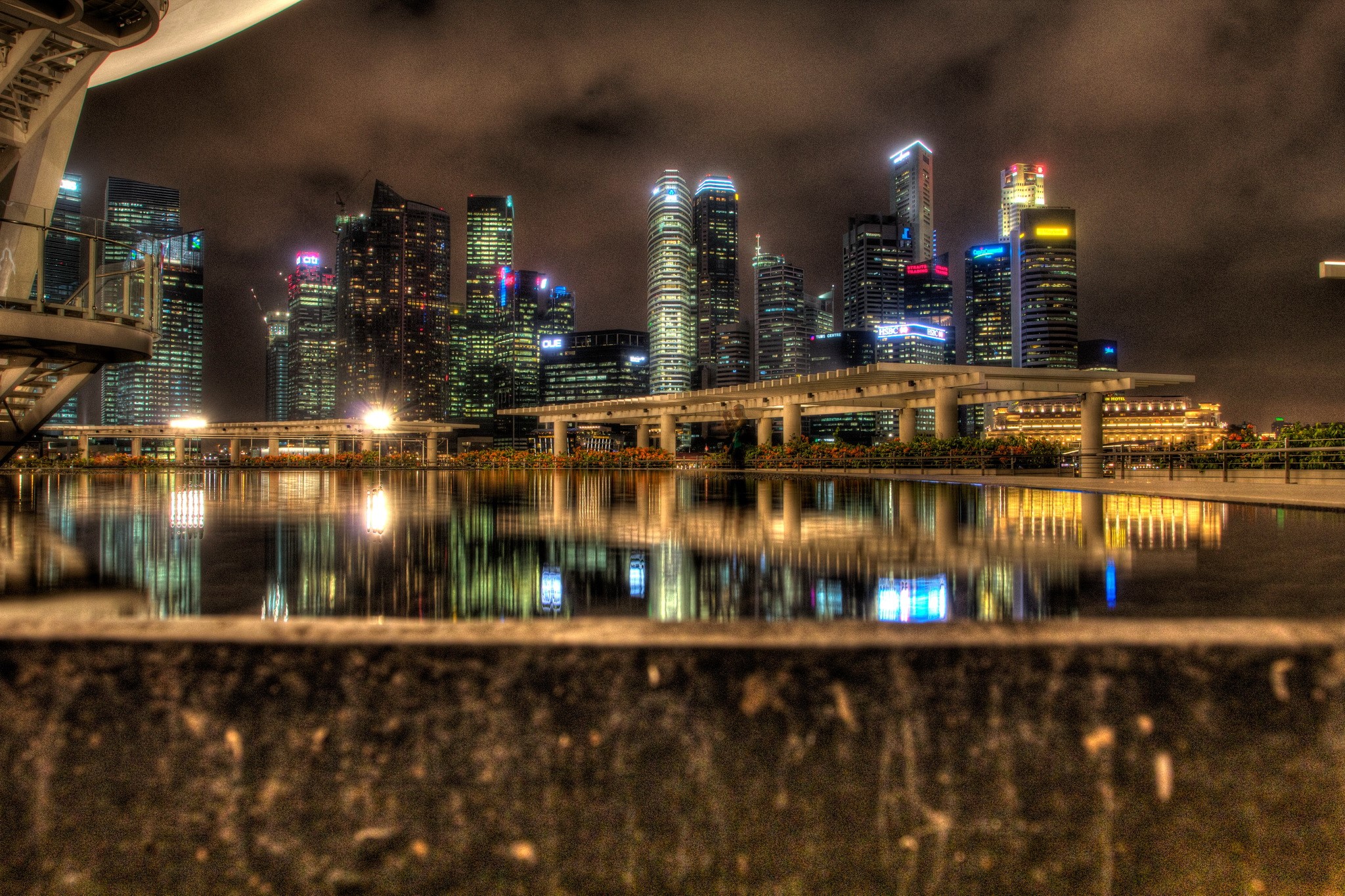 Singapore Skyline Reflected in Water at Night HD Wallpaper