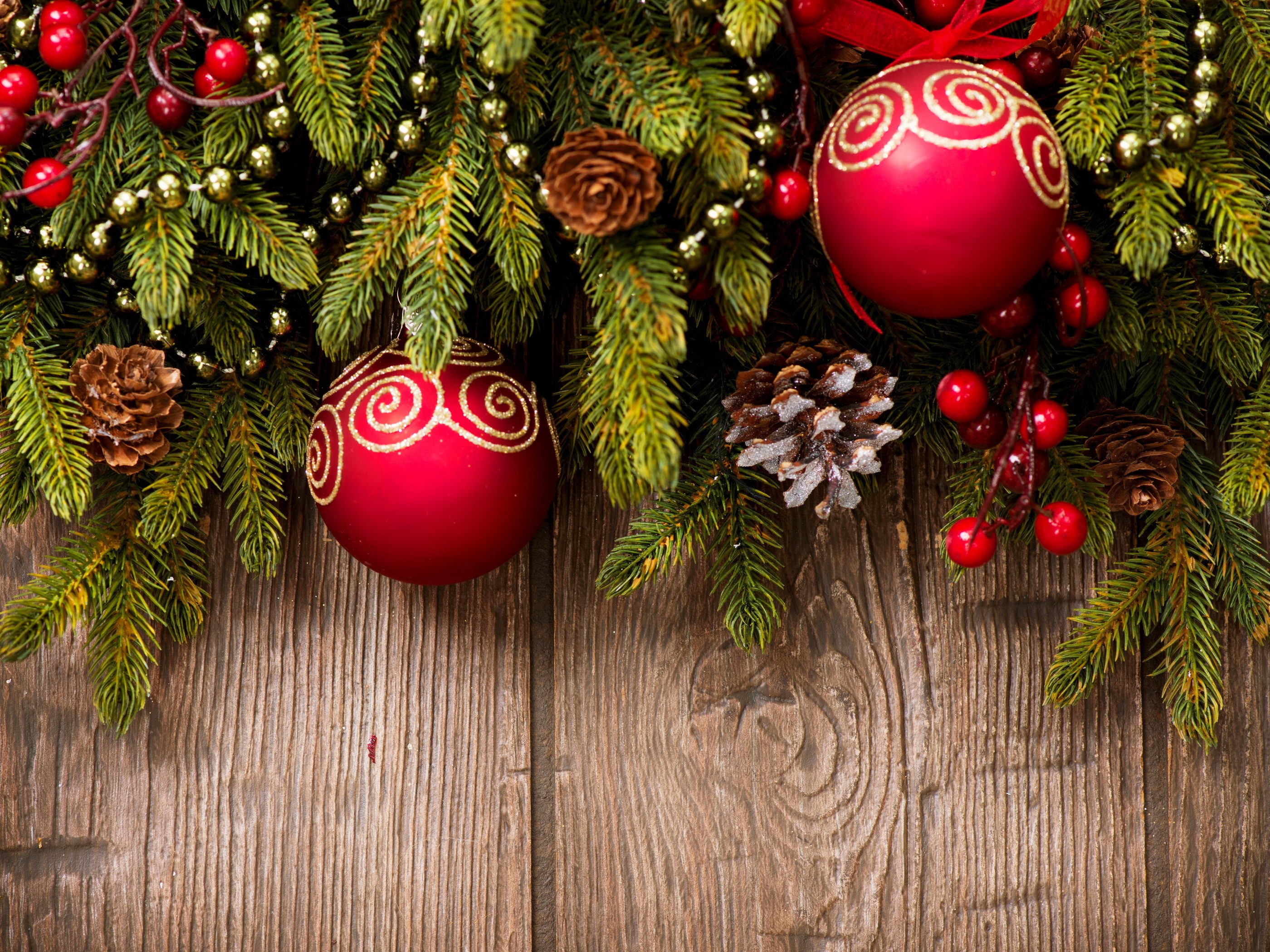 Christmas decorations on a wooden background HD Wallpaper