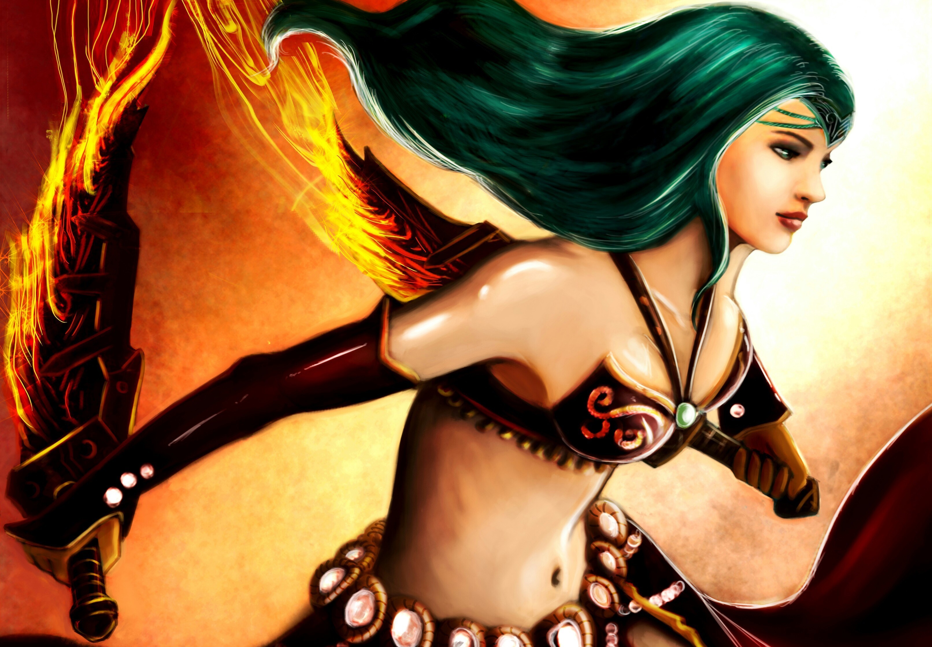 Woman warrior with flaming sword HD Wallpaper