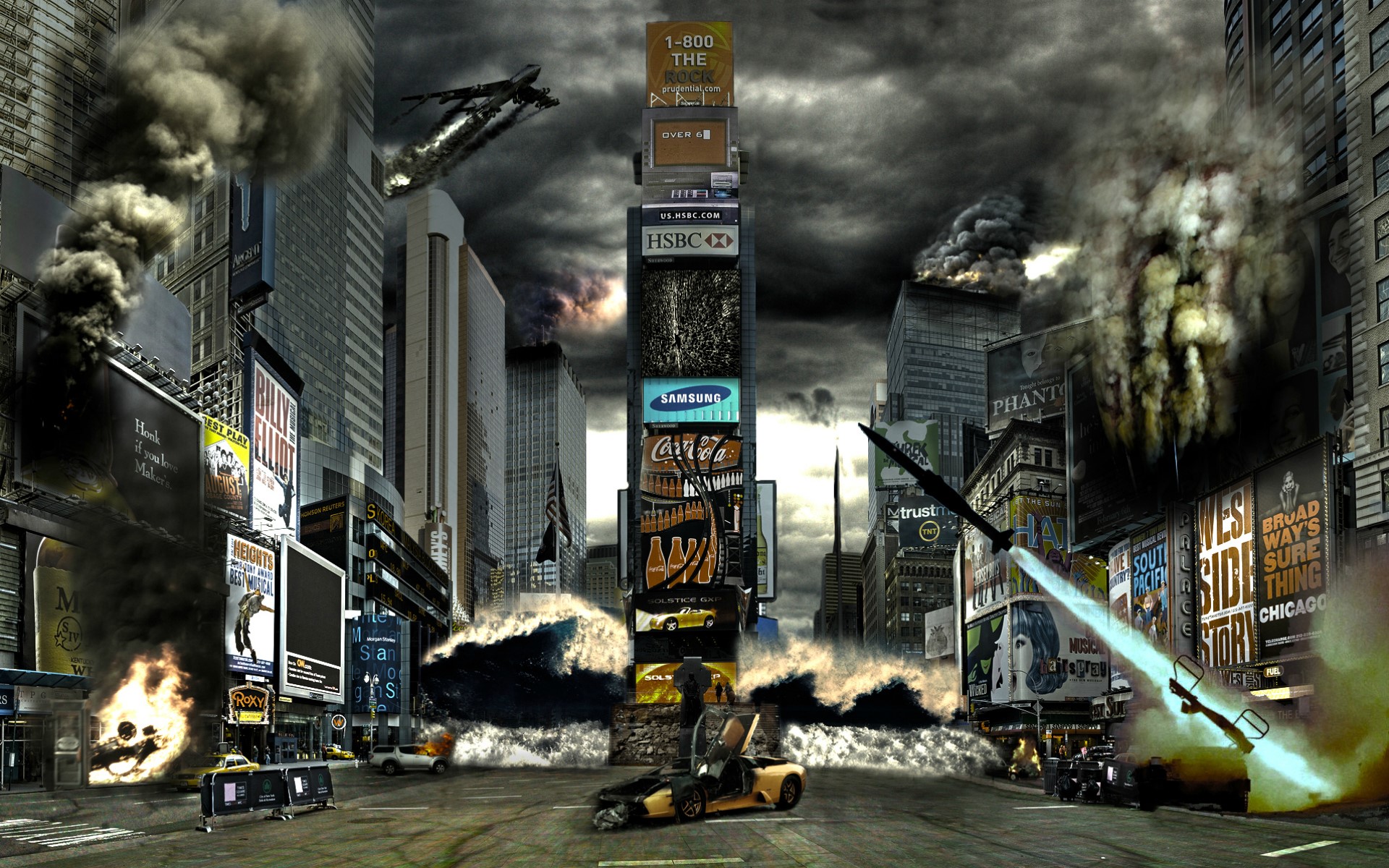 Times Square disaster with explosions and flying vehicles HD Wallpaper