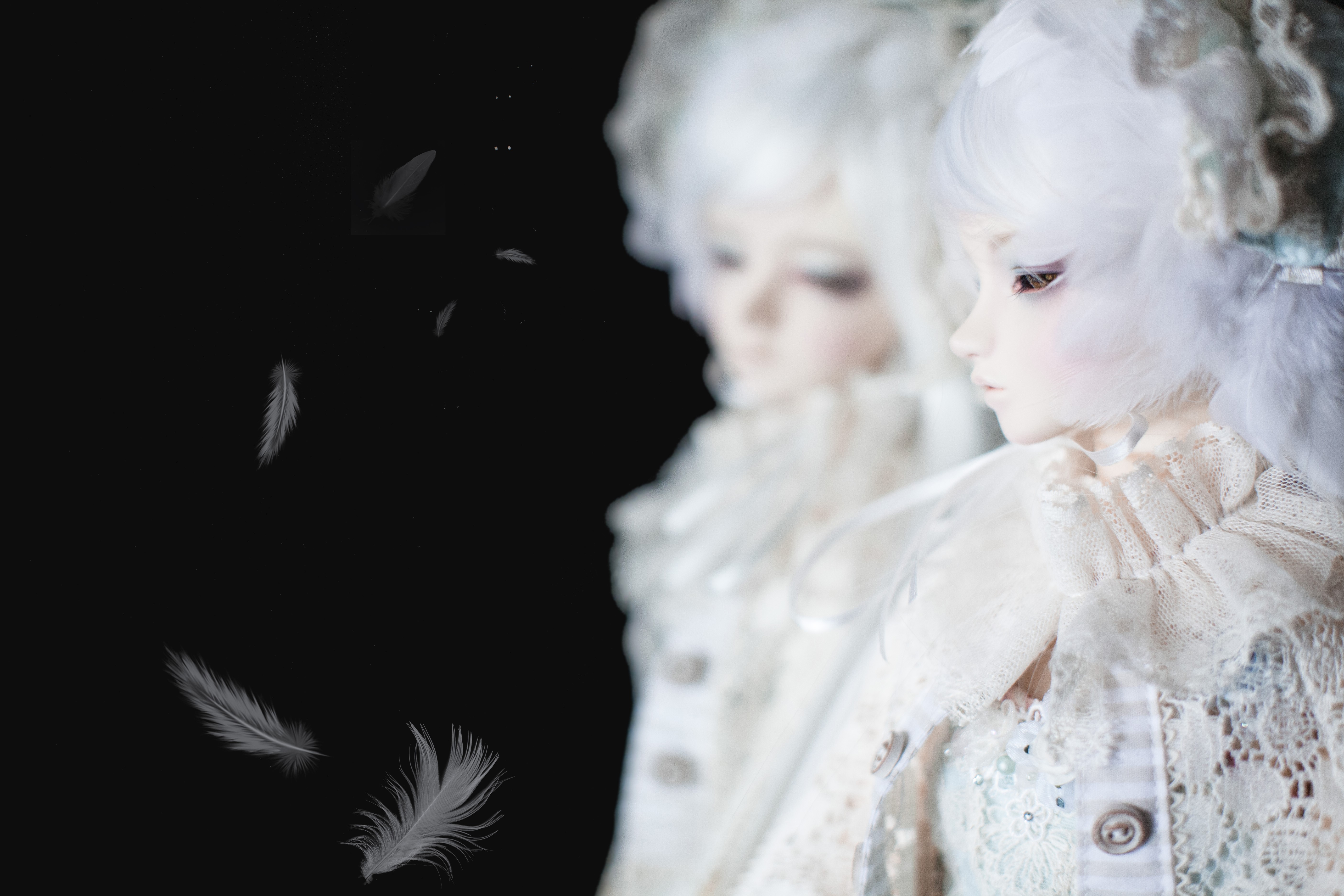 Doll with white hair and feathers HD Wallpaper