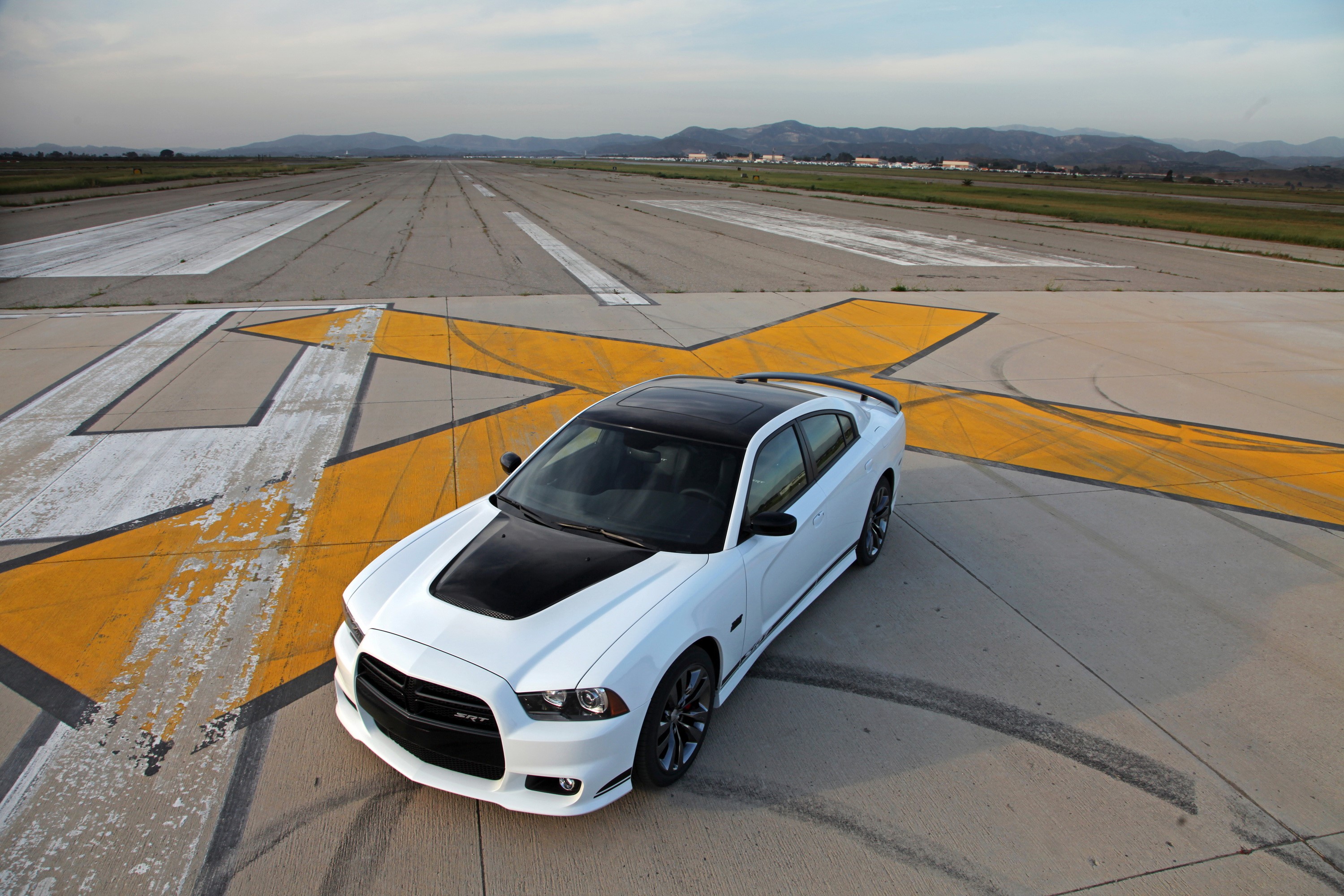 White 2013 Dodge Charger SRT8 on Airport Runway HD Wallpaper