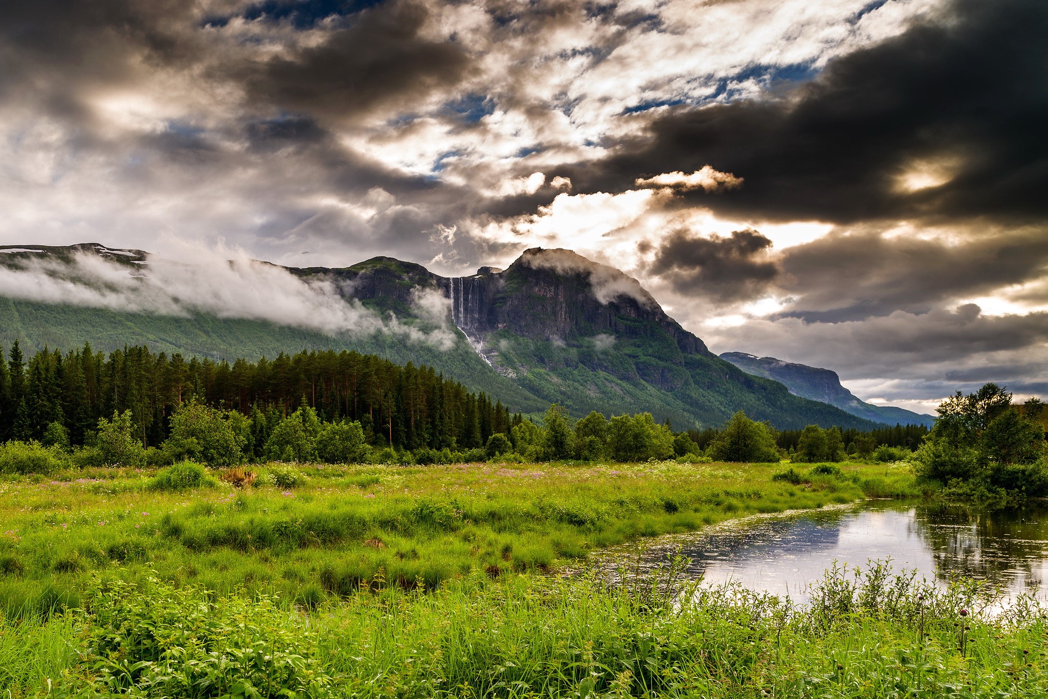 Waterfall cascading down a mountain in Hemsedal, Norway HD Wallpaper