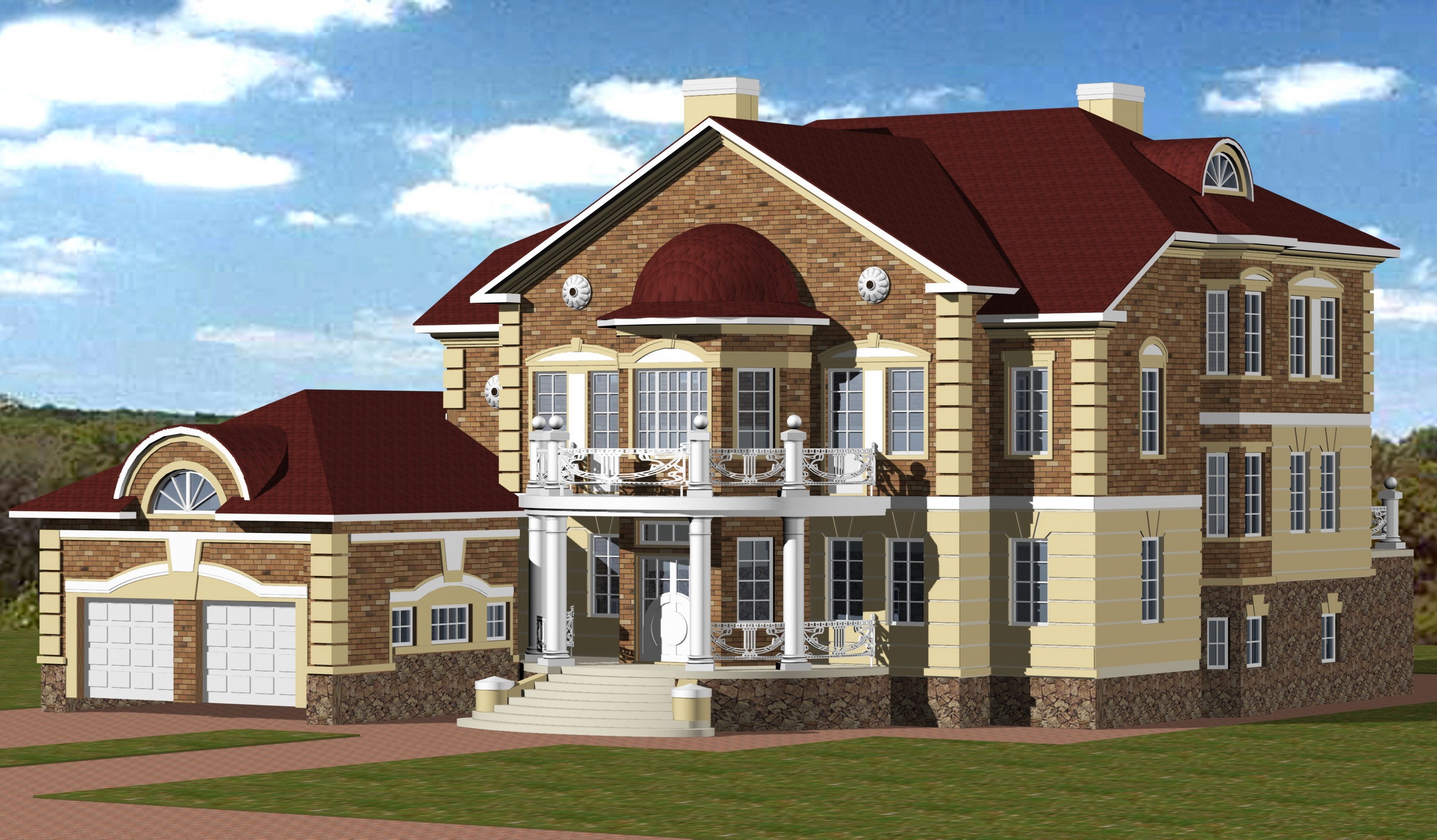 Brick and stucco villa with attached garage HD Wallpaper