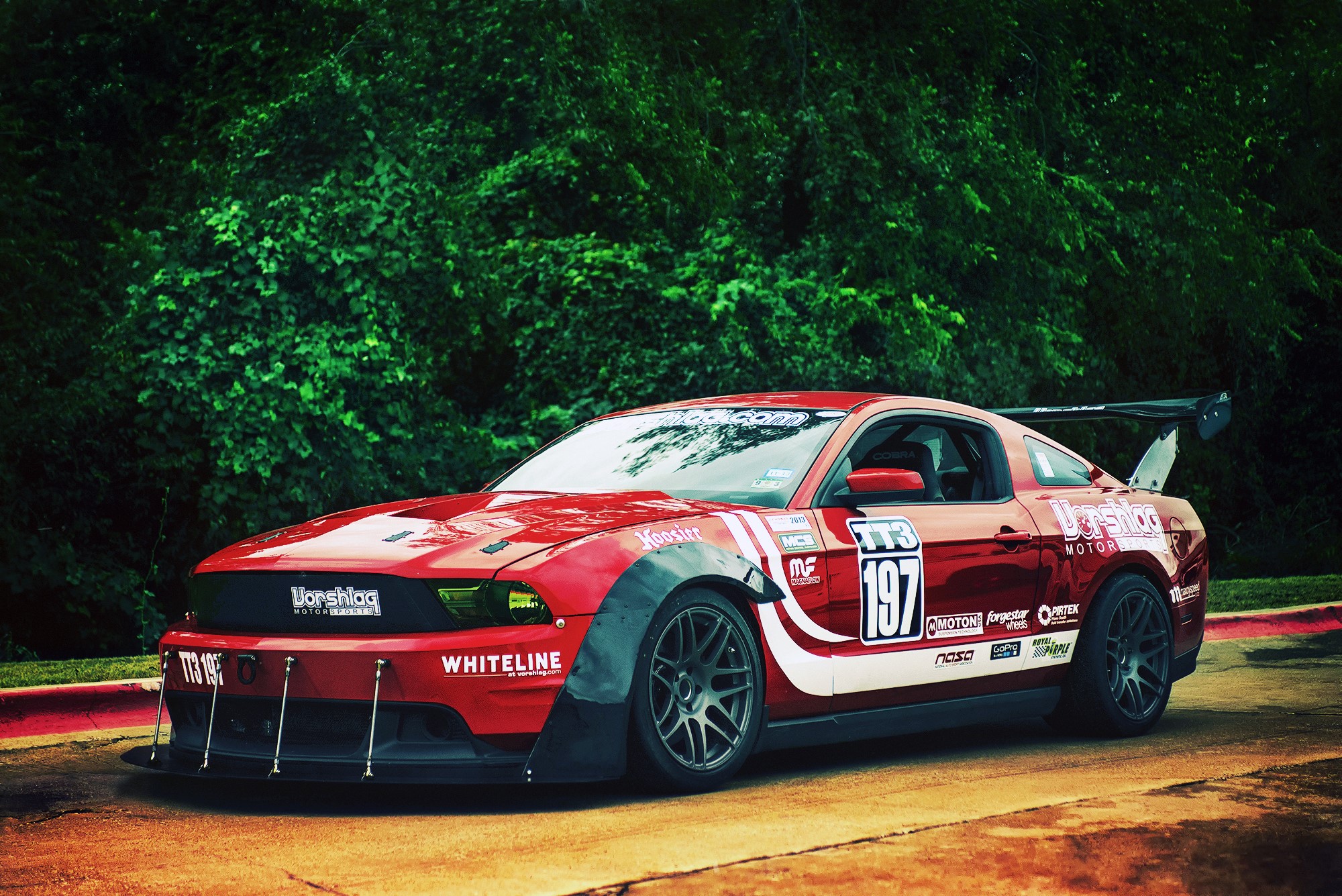 Red Ford Mustang with racing decals HD Wallpaper