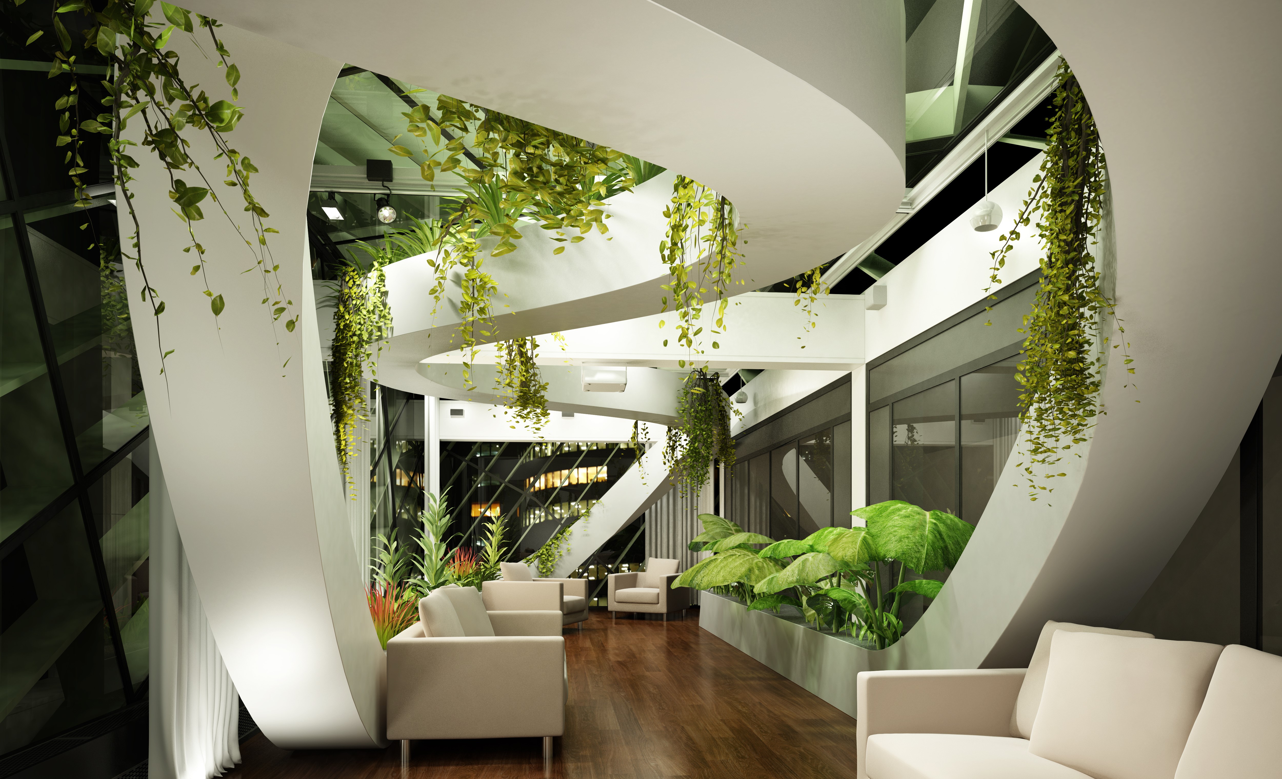 Interior with sofas and plants HD Wallpaper