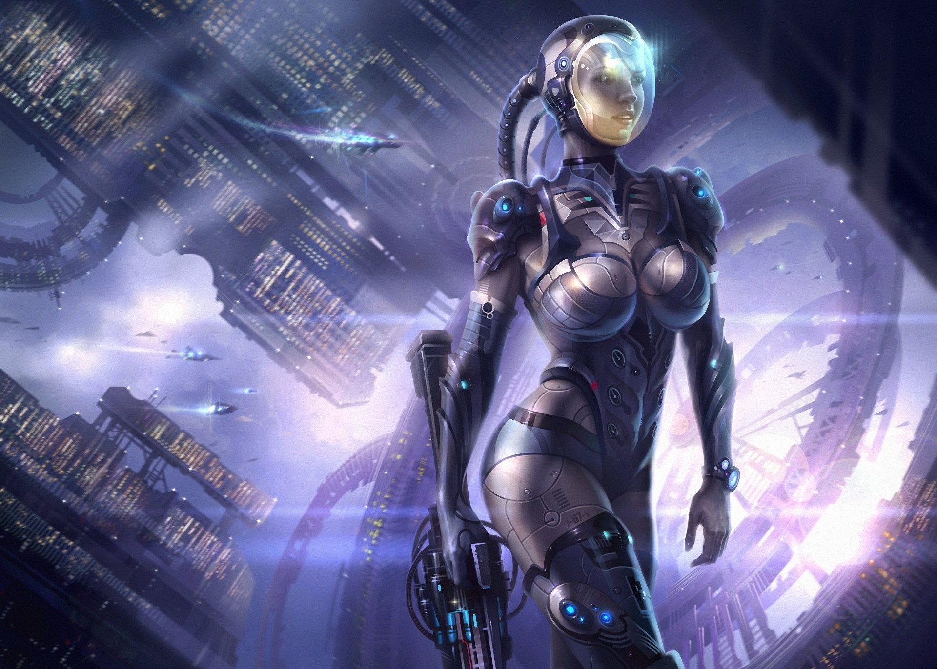 Female warrior in futuristic armor with a gun HD Wallpaper