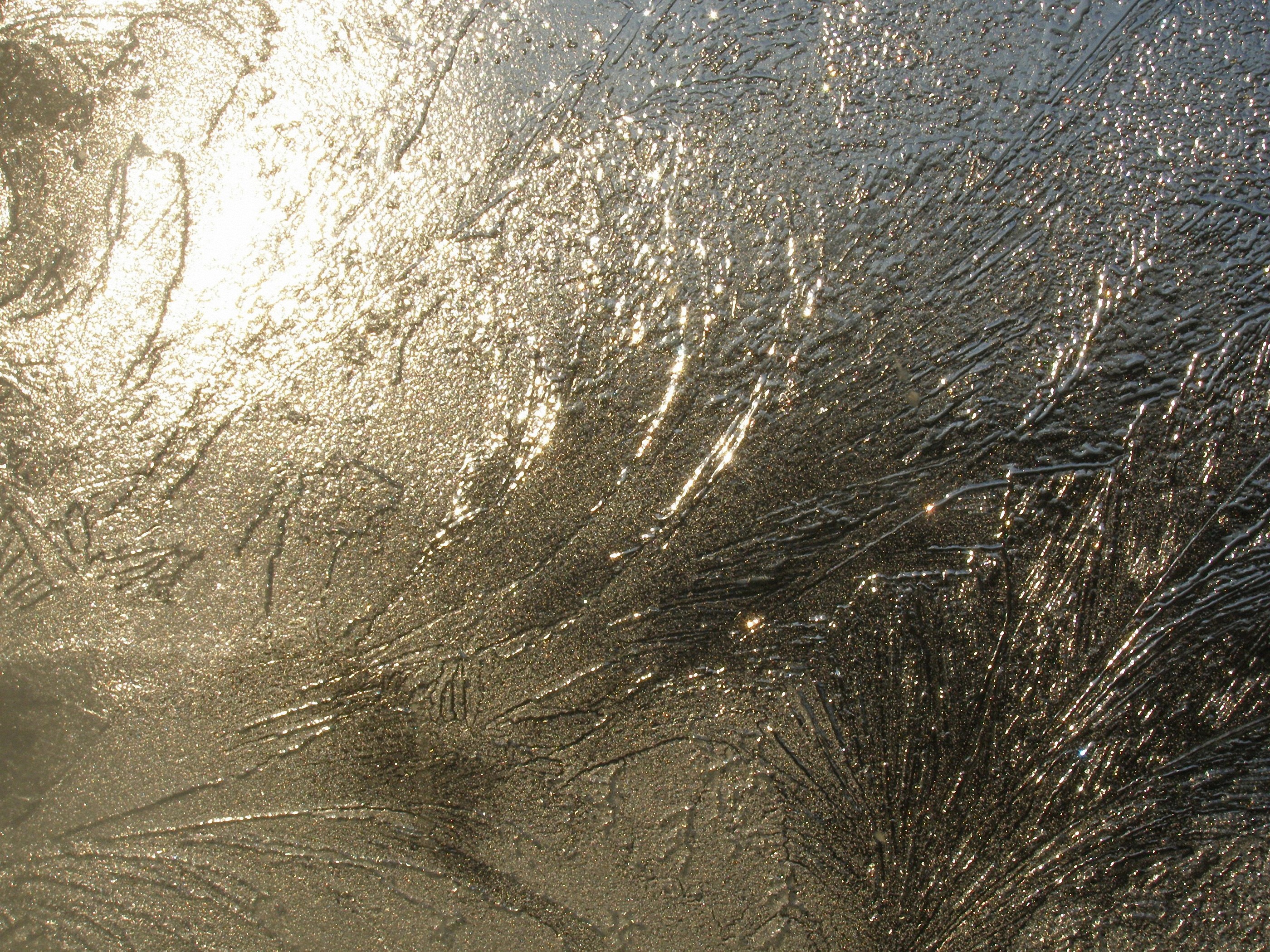 Close-up of frost patterns on glass with sunlight HD Wallpaper