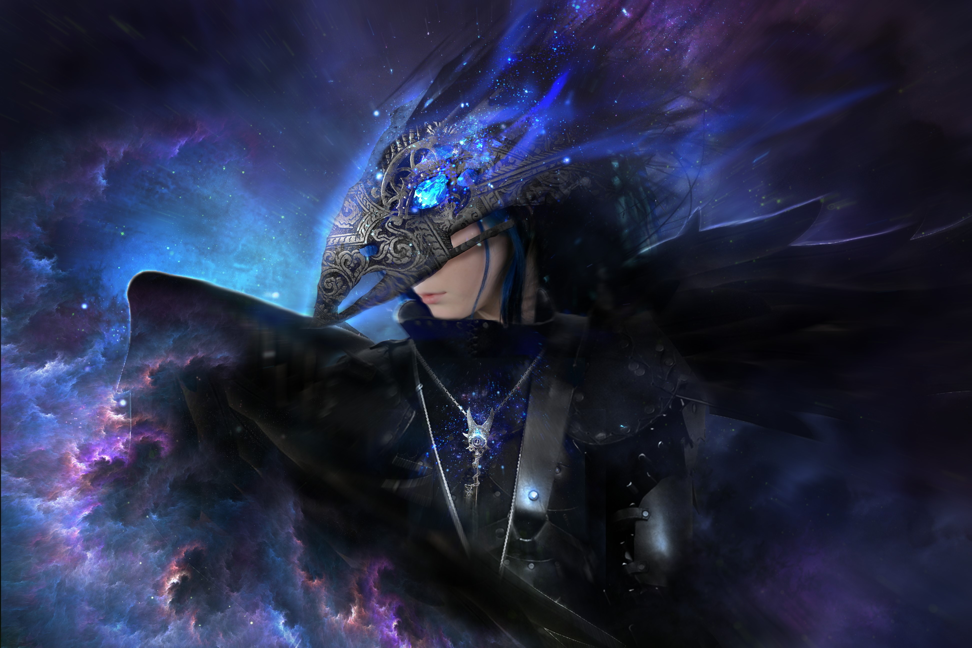 Man in bird mask with cosmic background HD Wallpaper
