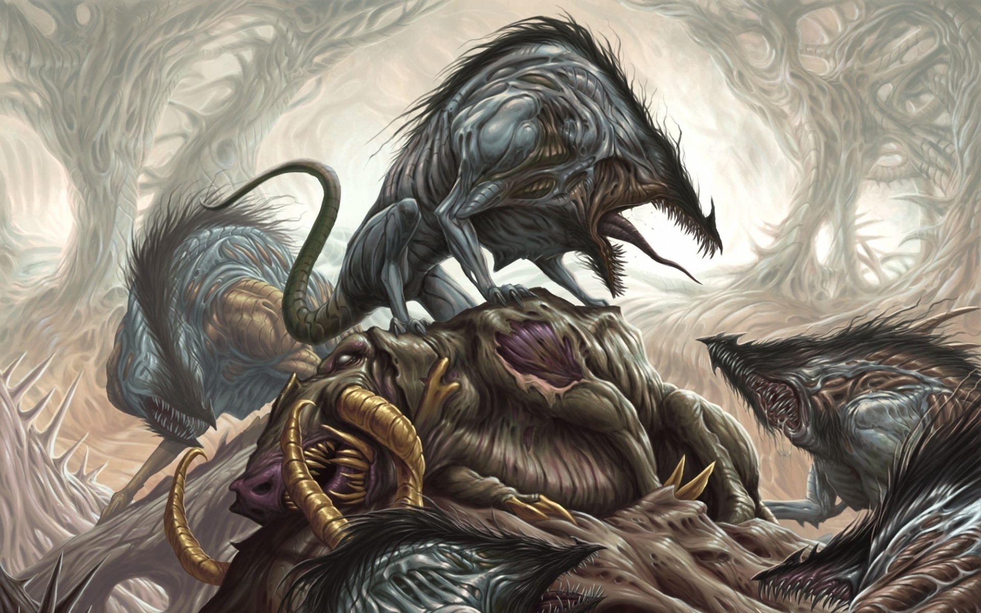 Monsters in a desolate, alien landscape HD Wallpaper