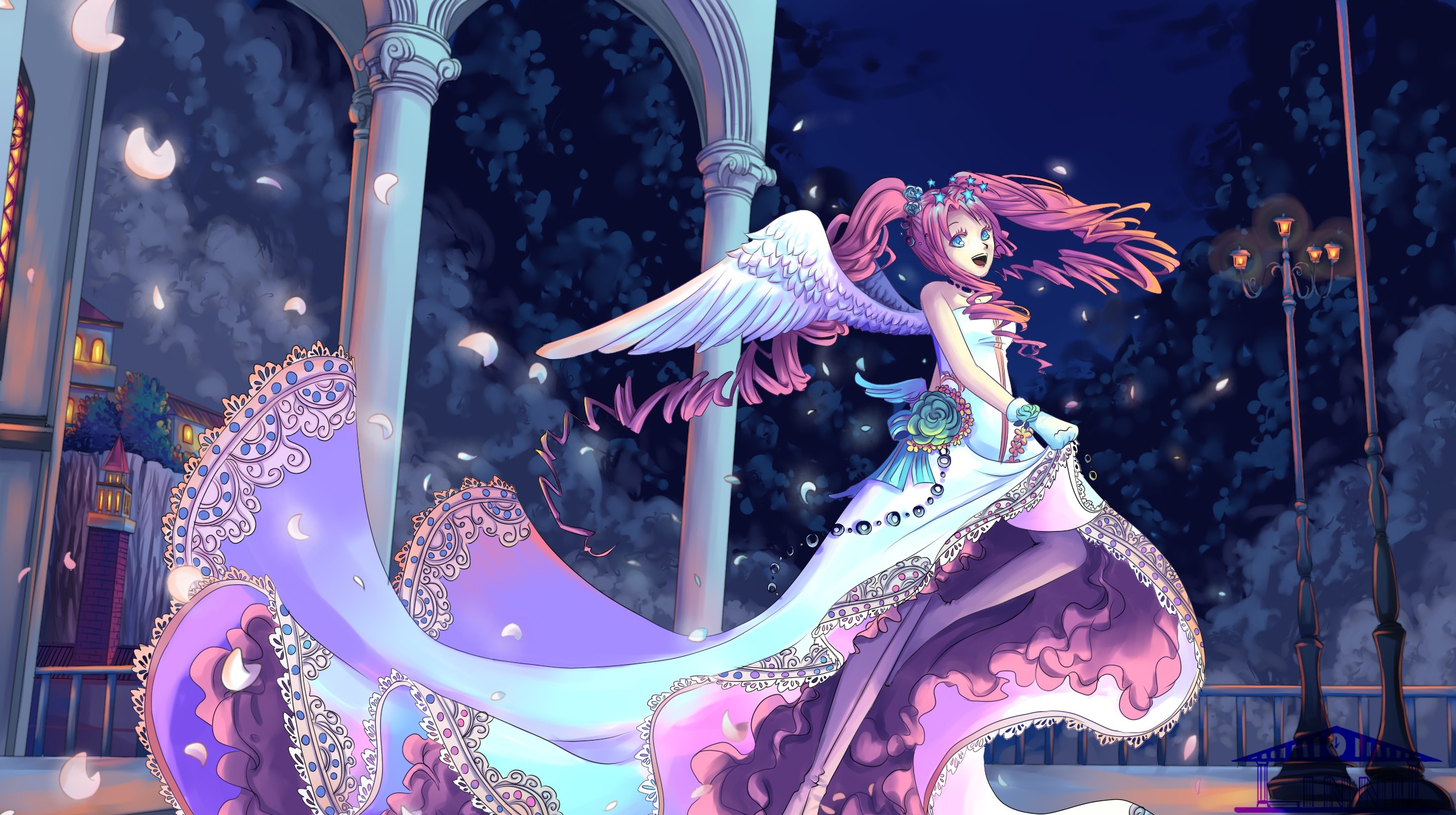 Angel girl in a white and purple dress HD Wallpaper