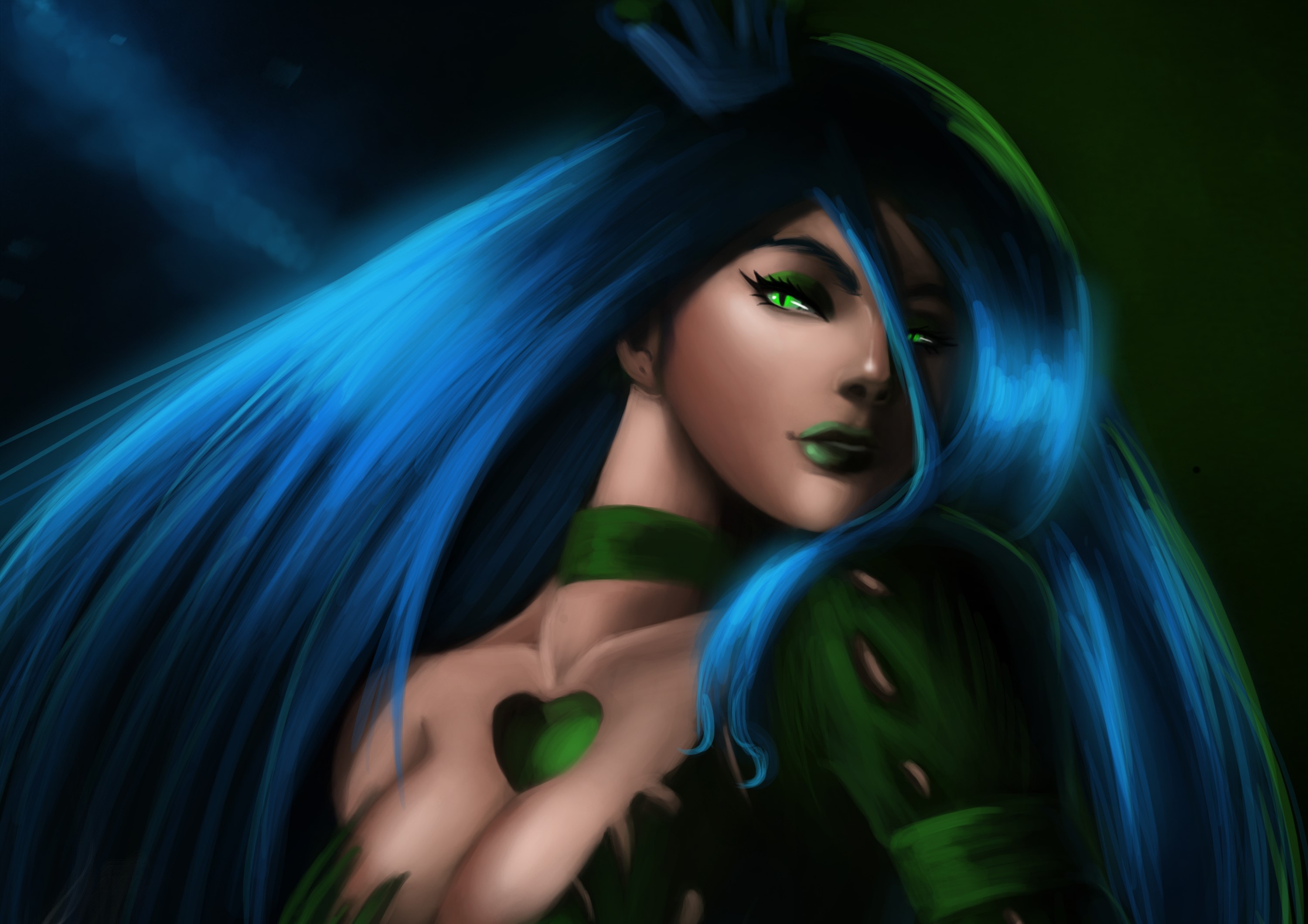 Gothic Fantasy Woman with Blue Hair and Green Eyes HD Wallpaper