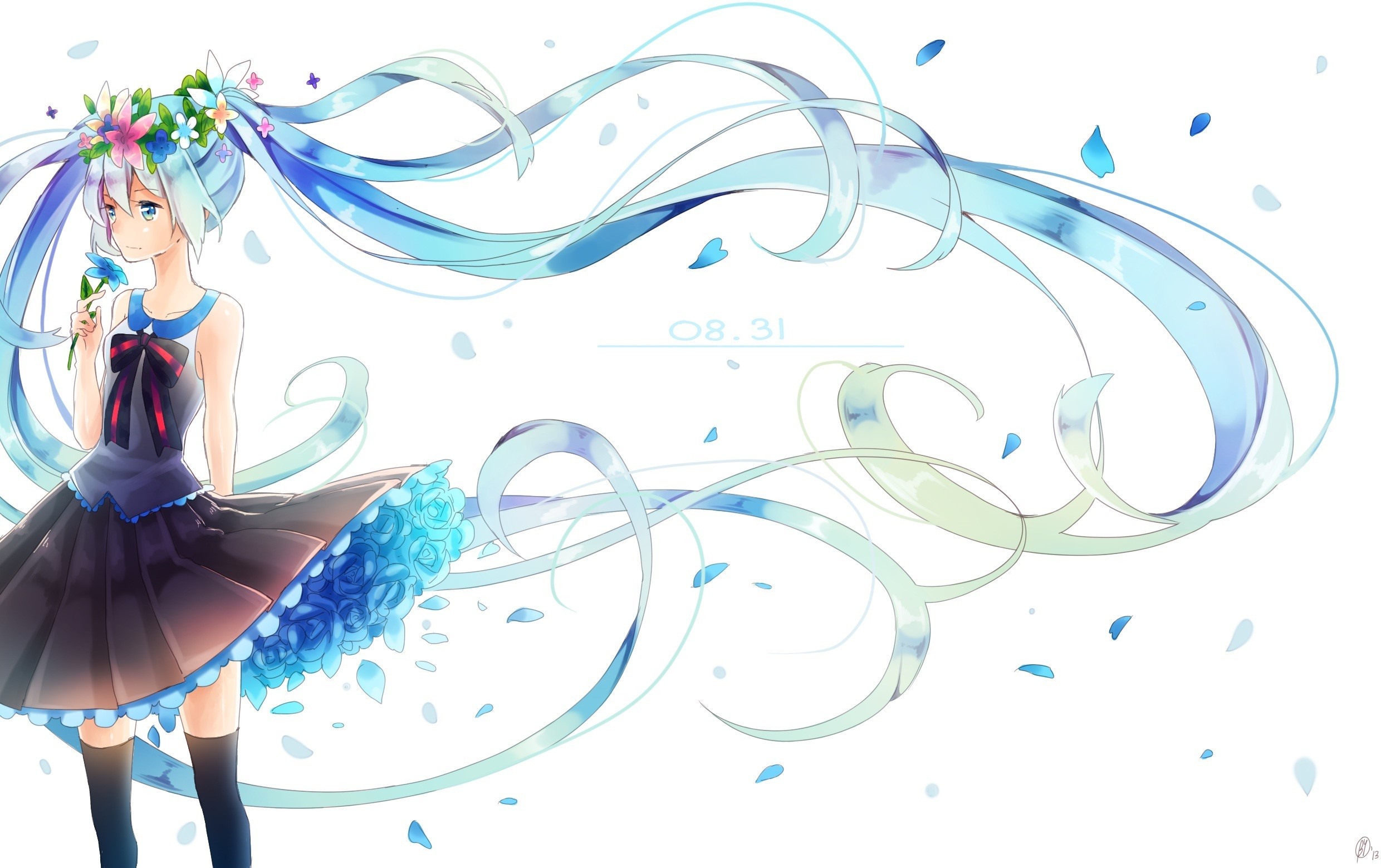 Hatsune Miku with flowers and blue dress HD Wallpaper