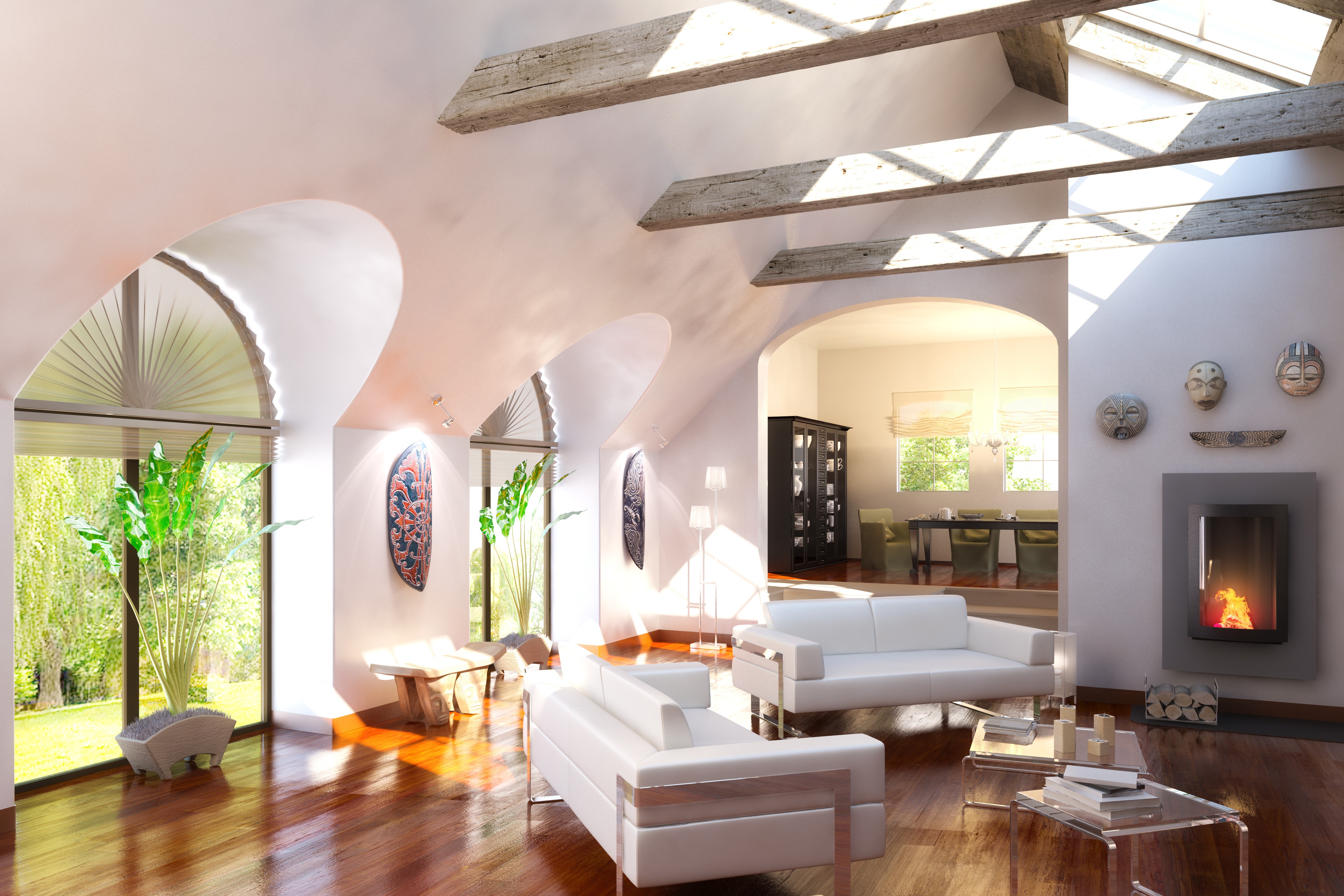 Living room with sofas and fireplace HD Wallpaper