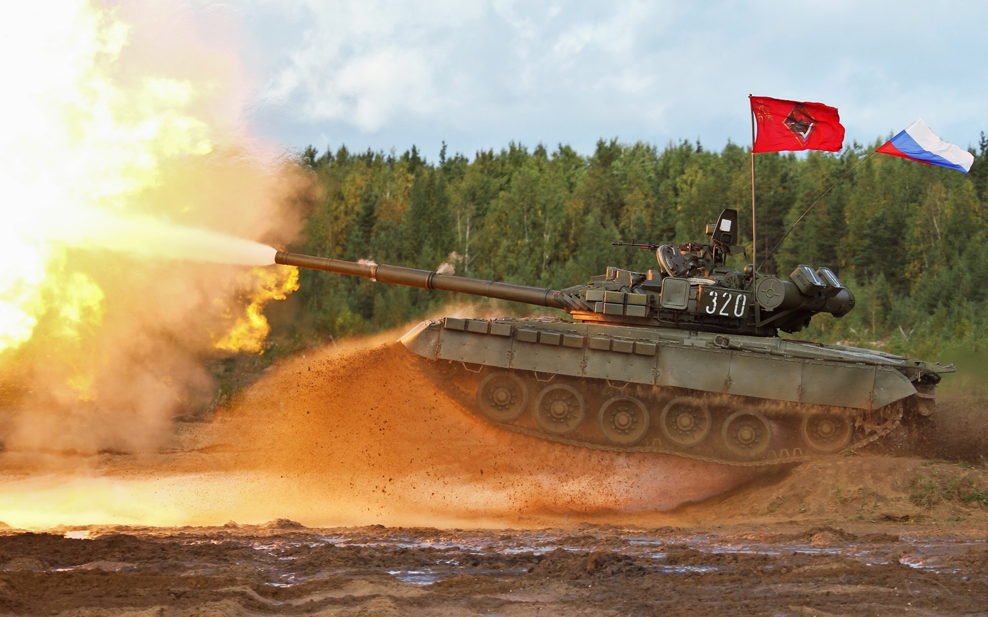 T-80BV tank firing with flags HD Wallpaper