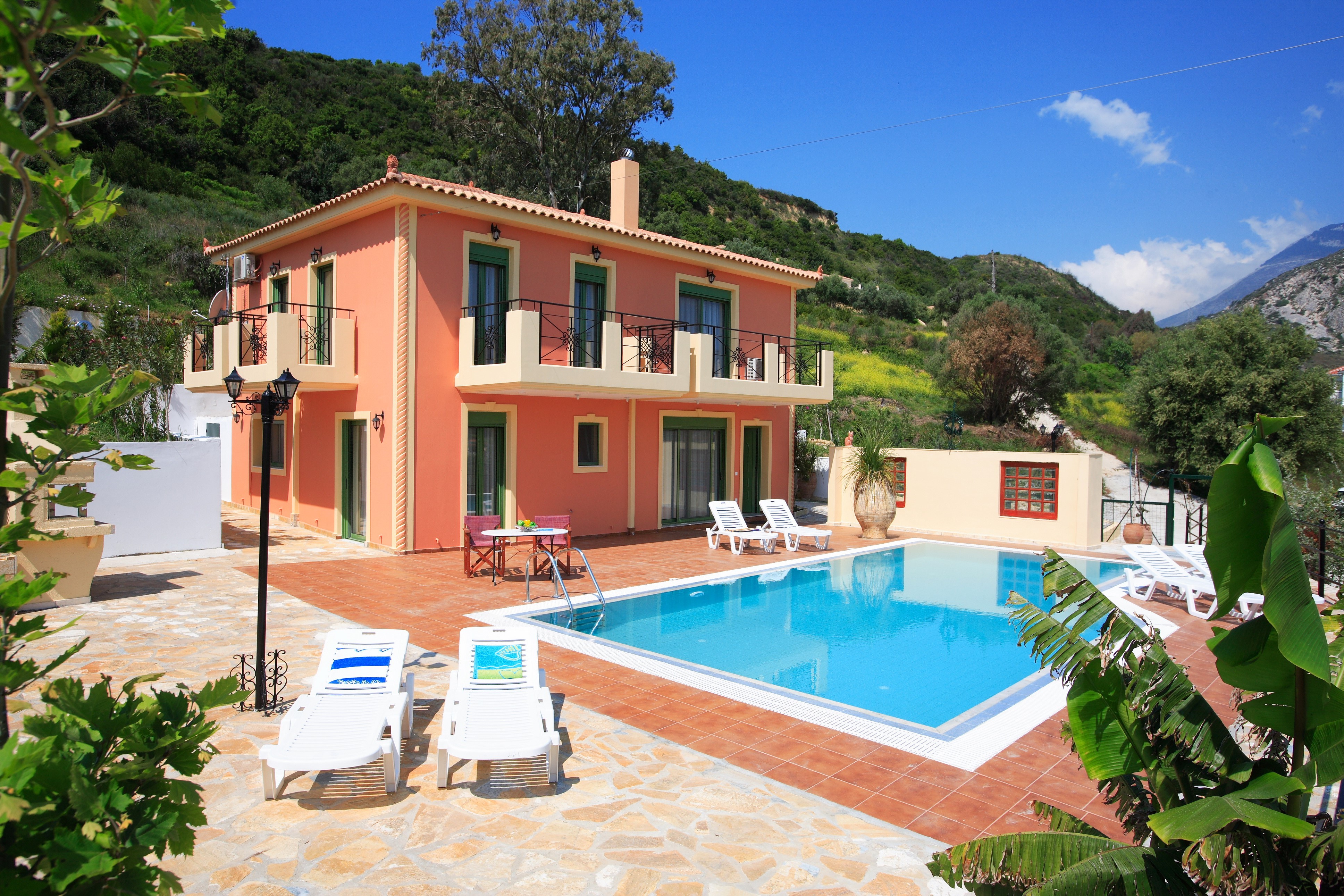 Peach villa with pool in Cephalonia, Greece HD Wallpaper