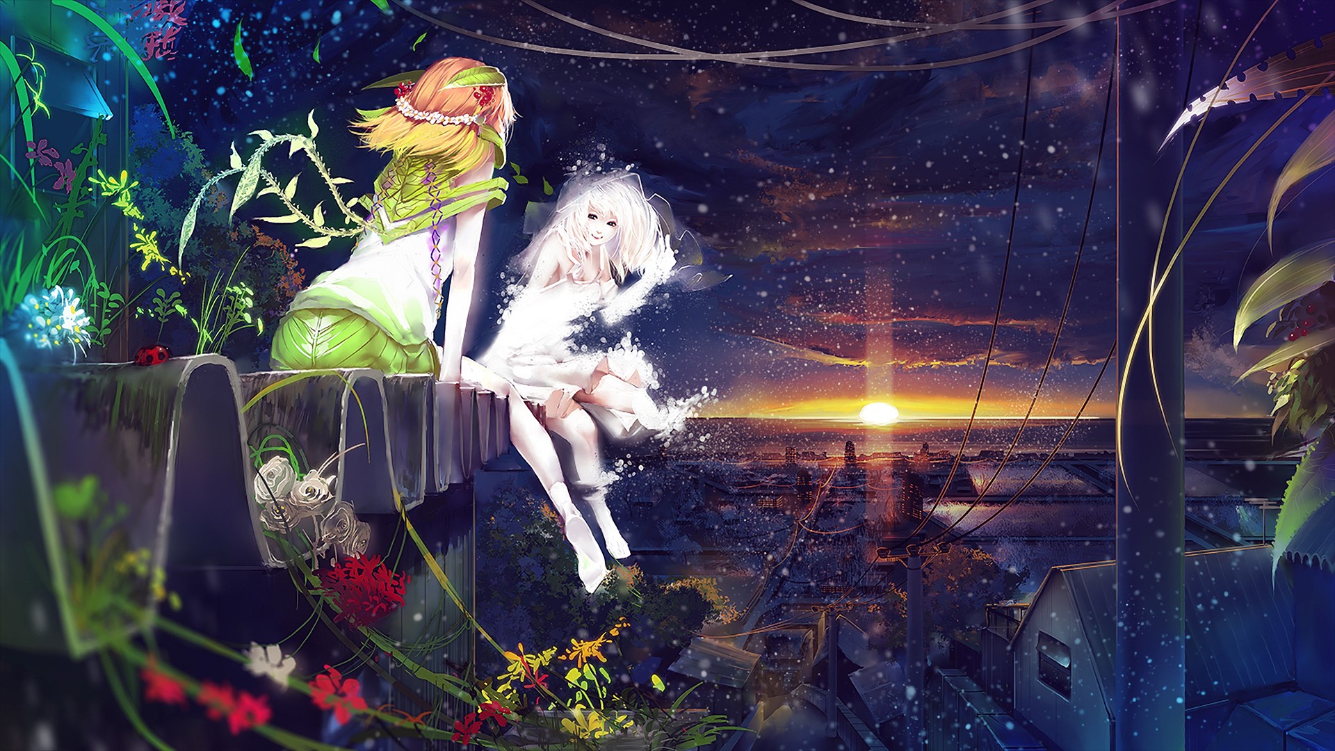 Two anime girls sitting on a ledge at sunset HD Wallpaper